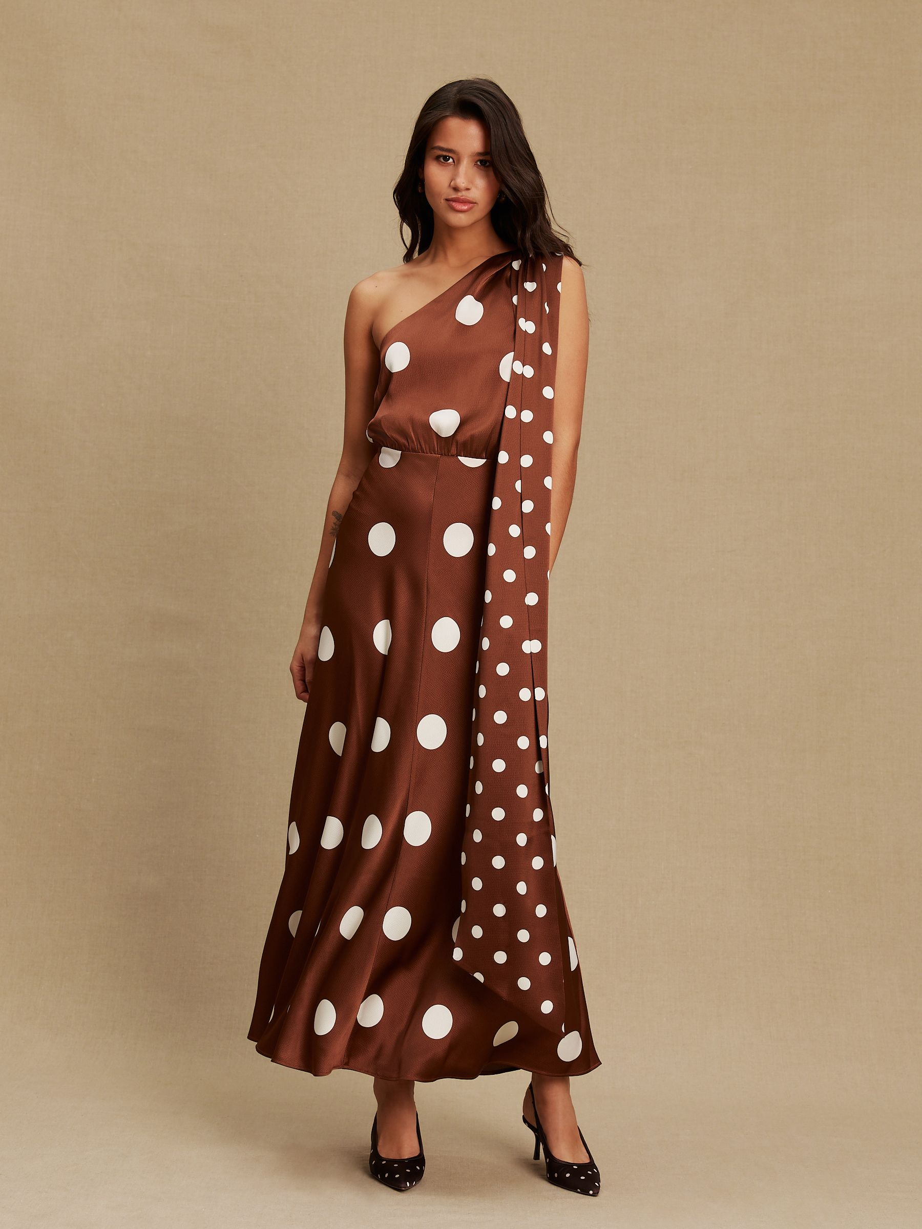 Chocolate Brown Spot Textured Satin Scarf Neck Midi Dress