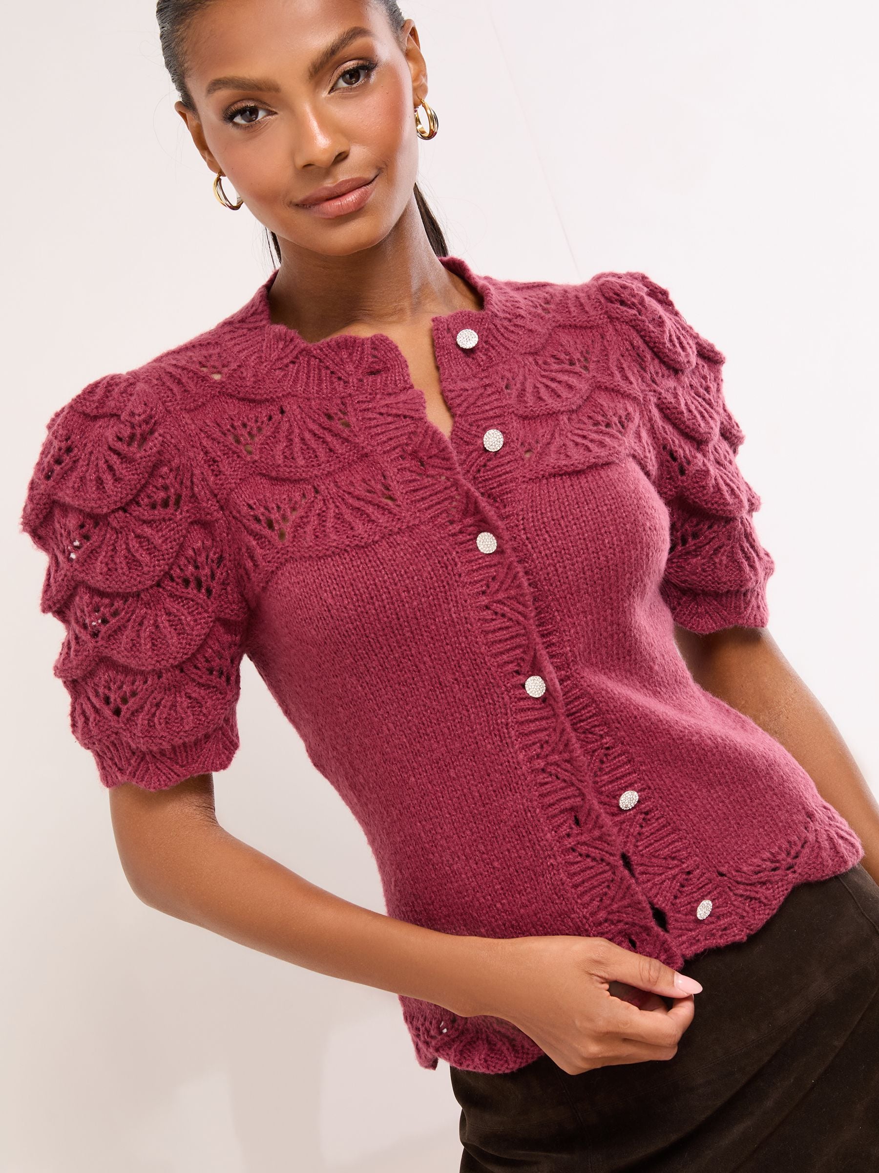 Lipsy Burgundy Red Short Sleeve Scallop Pointelle Stitch Embellished Button Knit Cardigan