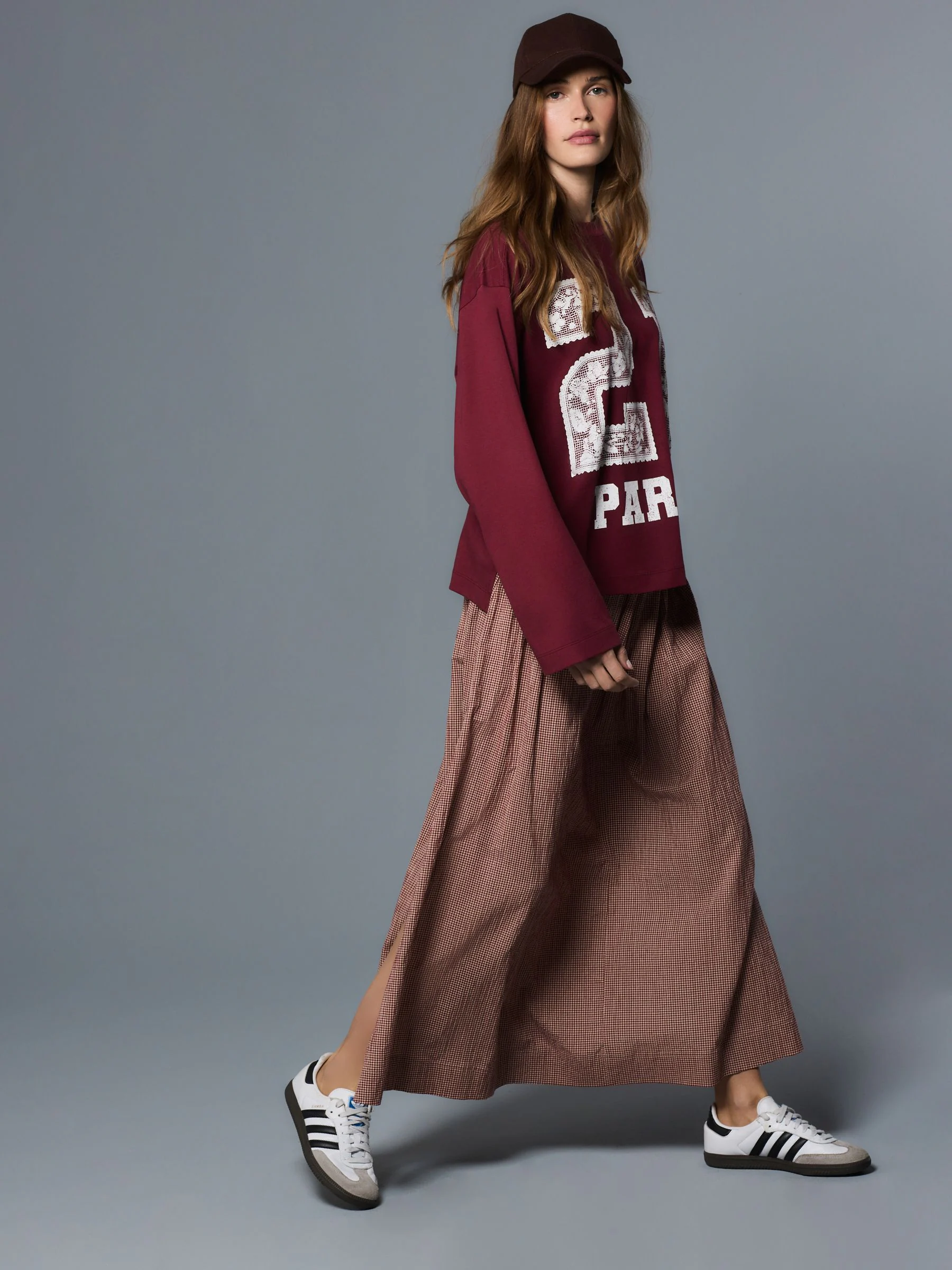 Rust Brown Drop Waist Gingham Maxi Skirt