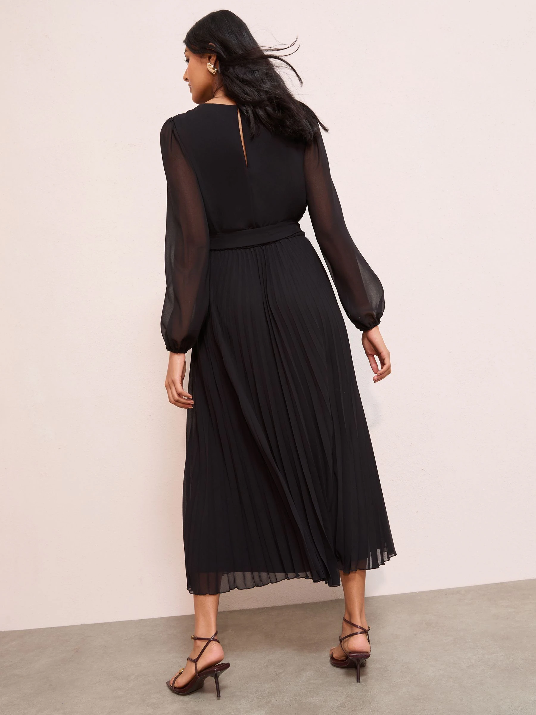 Friends Like These Black Pleated Chiffon Flutter Sleeve Midi Dress