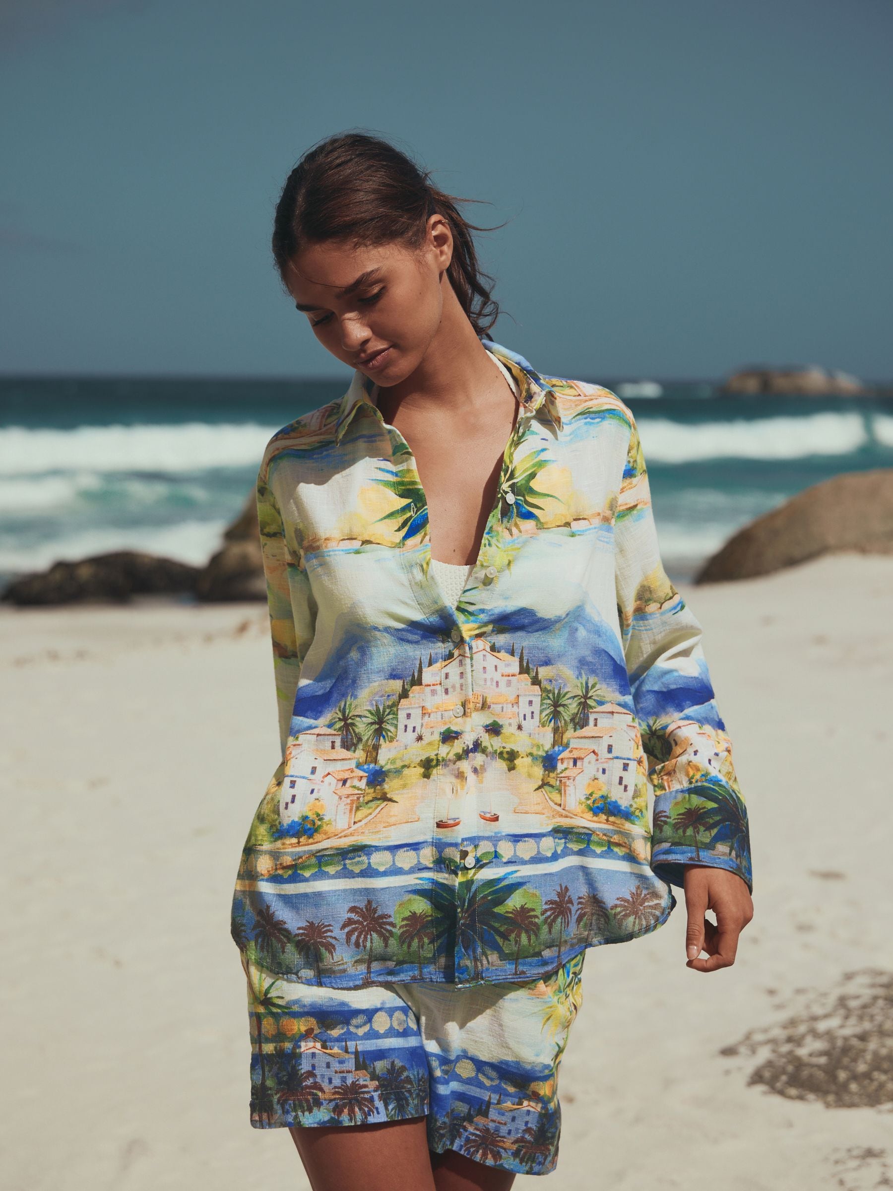 Multi Scenic Print Relaxed Long Sleeve Shirt With Linen