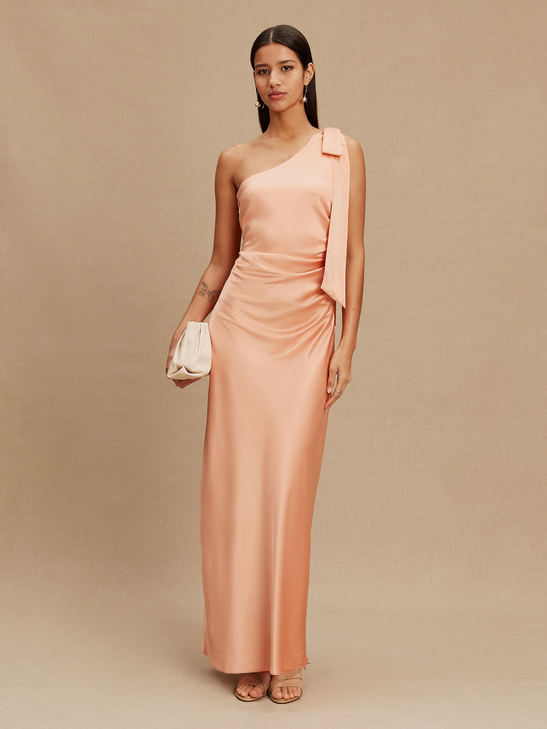 Apricot Bow One Shoulder Maxi Bridesmaid Dress