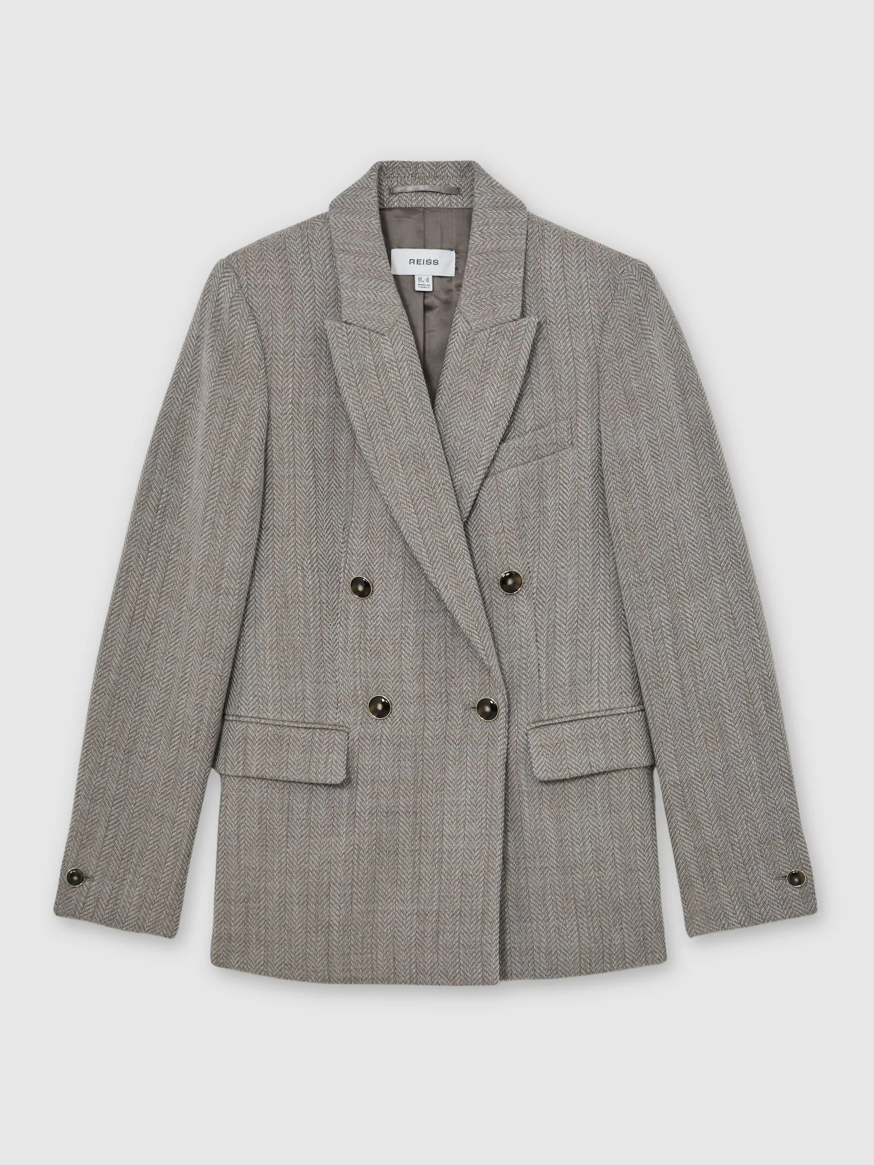Reiss Grey Ember Petite Herringbone Double-Breasted Blazer Wool-Cotton
