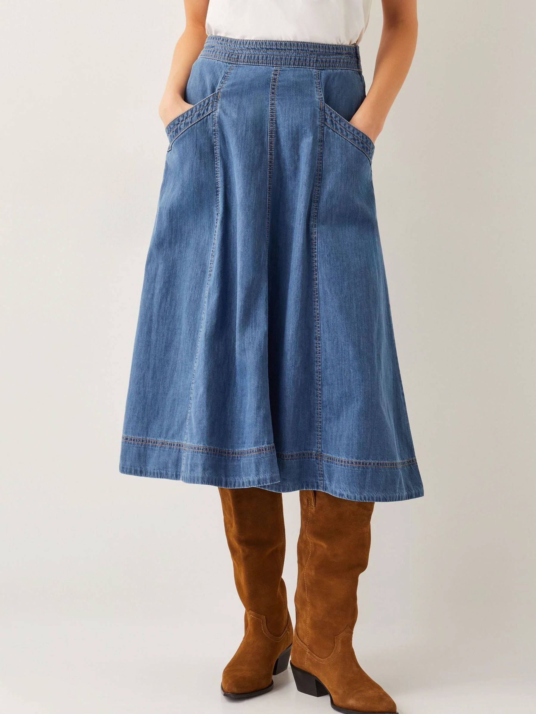 Monsoon Blue Harper Seamed Denim 100% Cotton Midi Skirt