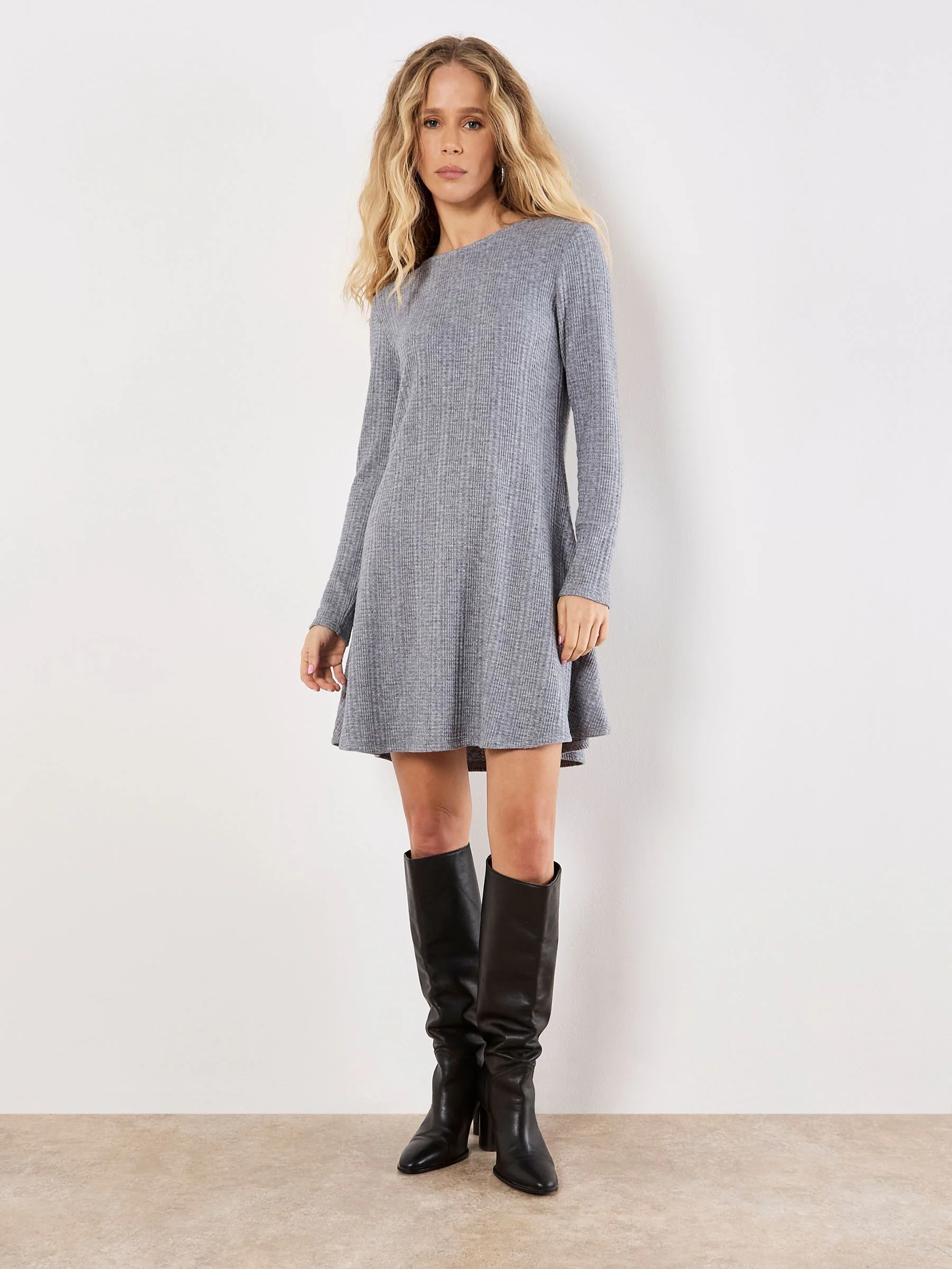 Apricot Grey Waffle Knit Stripe Soft Touch Dress