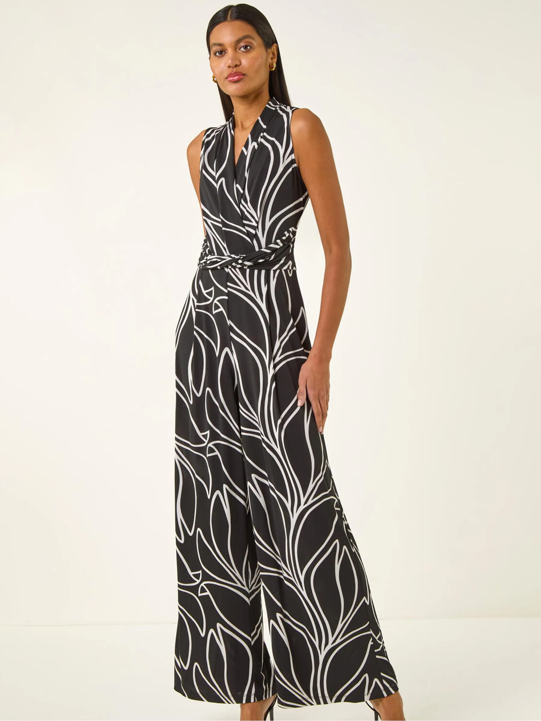 Roman Black Abstract Leaf Print Crossover Jumpsuit