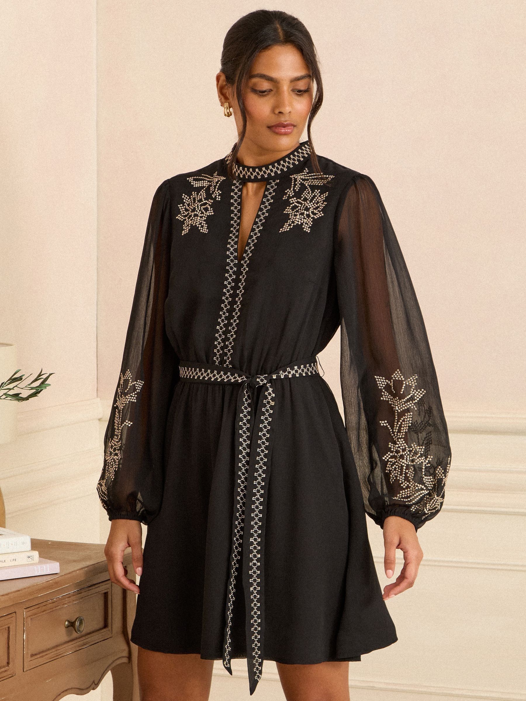 Love & Roses Black Embroidered High Neck Mini Dress