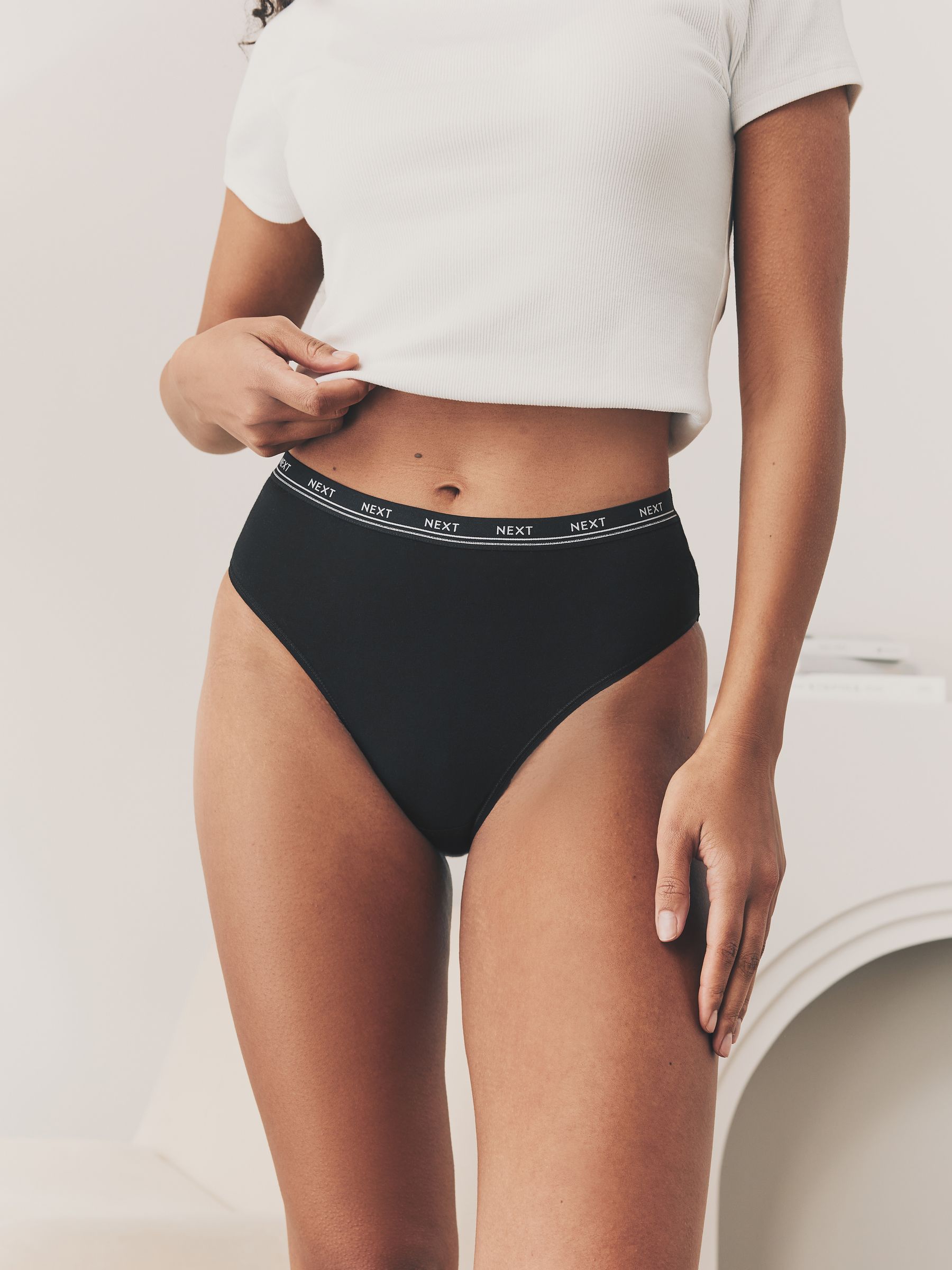 Black with Black Logo High Waist High Leg Cotton Logo Knickers 4 Pack