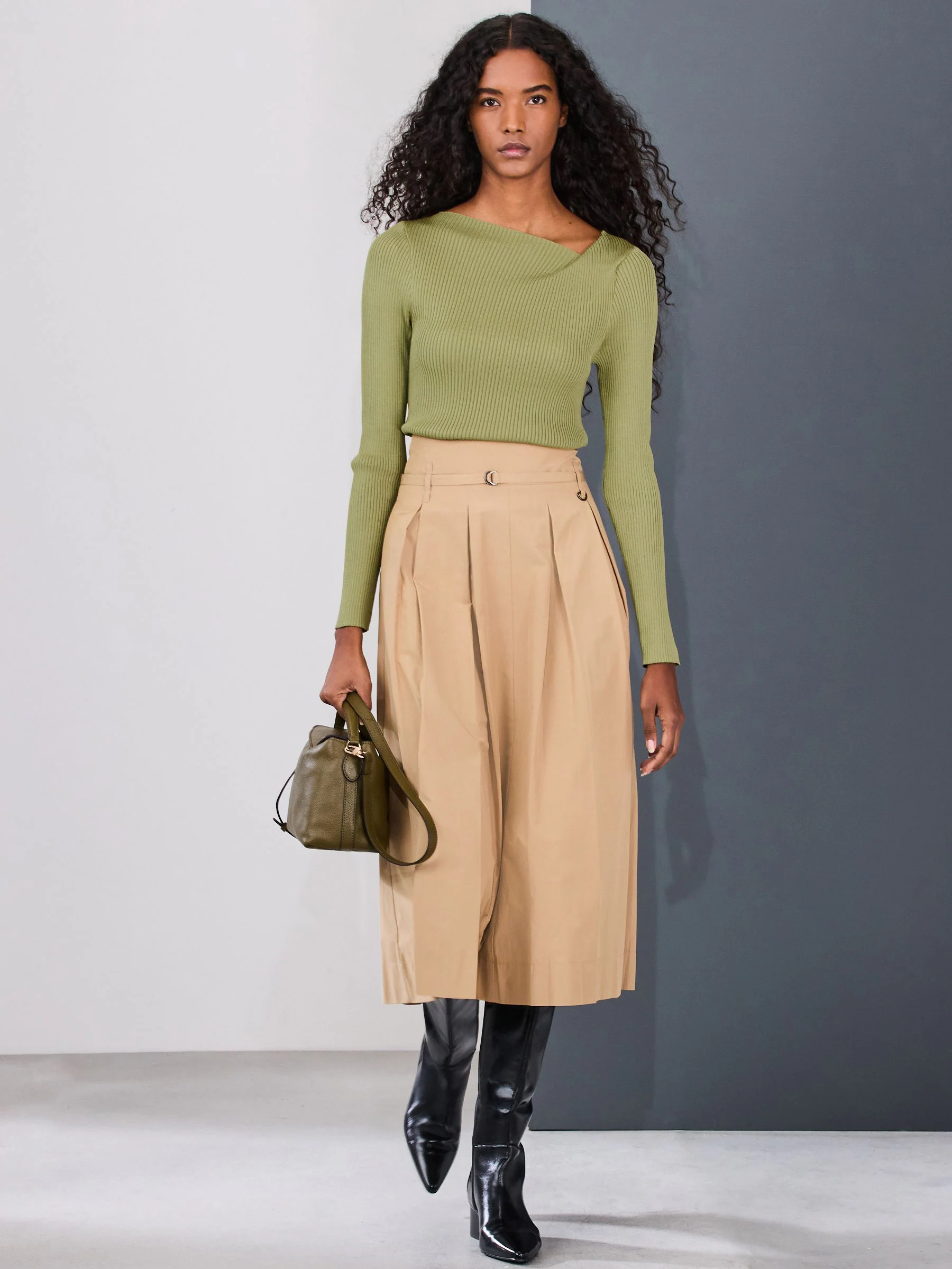 Khaki Green Ribbed Asymmetric Neckline Knitted Top