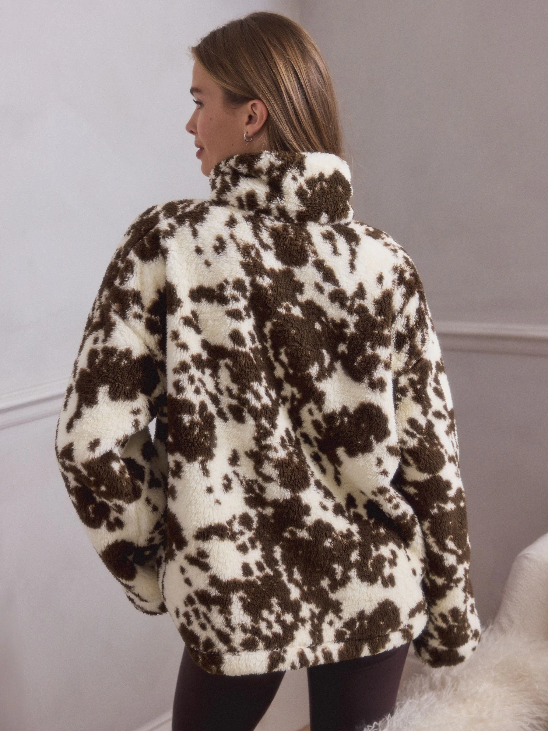 Brown Cow Print Borg Half Zip Fleece