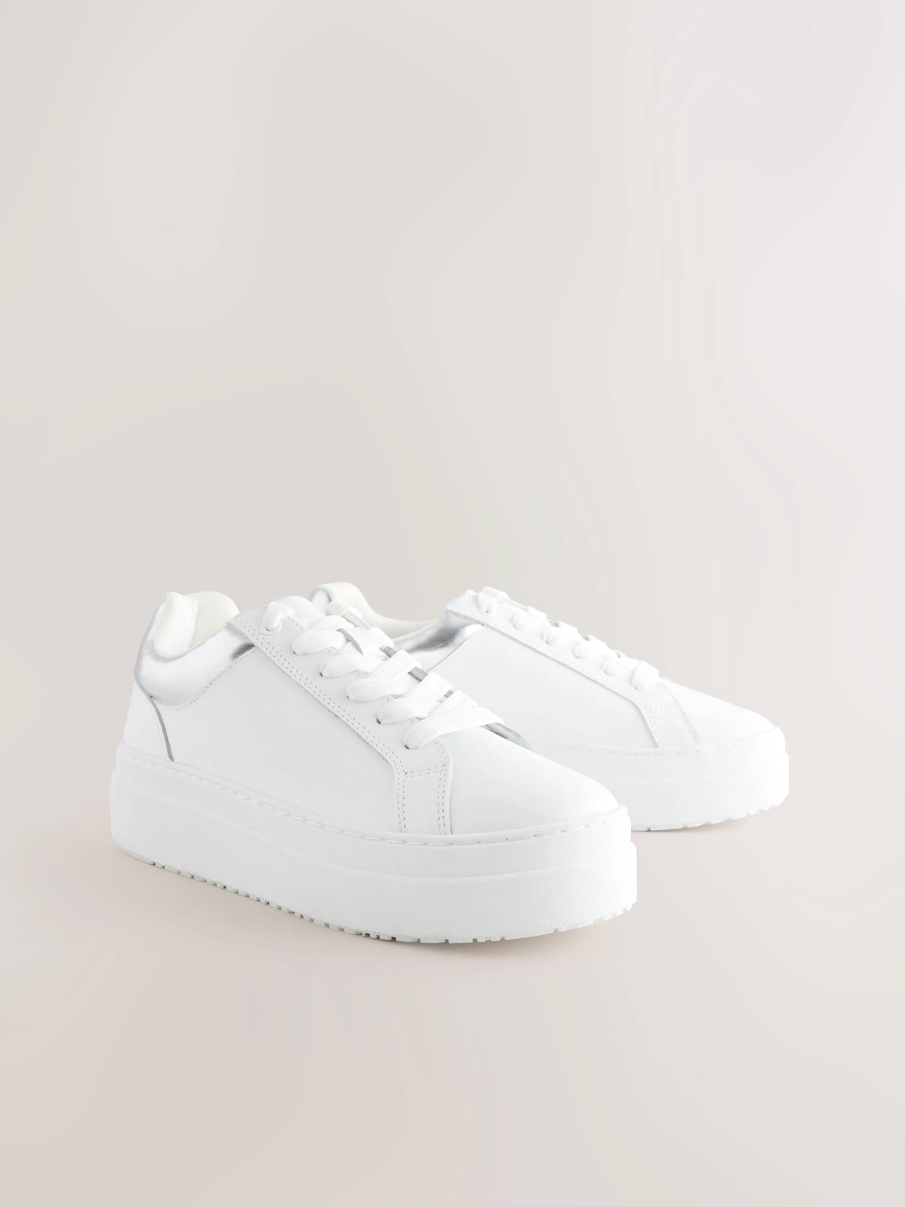 White Leather Round Toe Chunky Lace Up Trainers