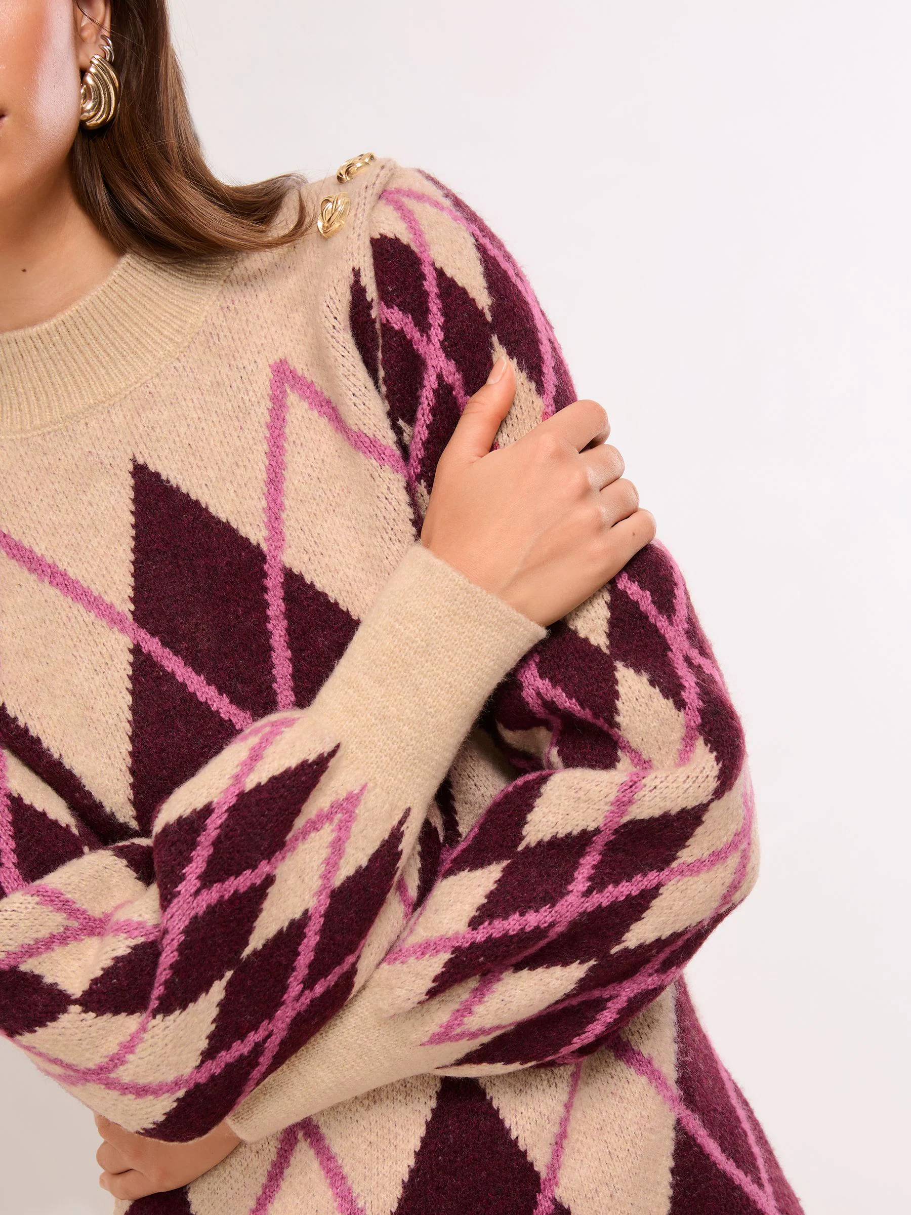 Lipsy Neutral/Burgundy Red Argyle Check Print High Neck Buttoned Knitted Mini Dress