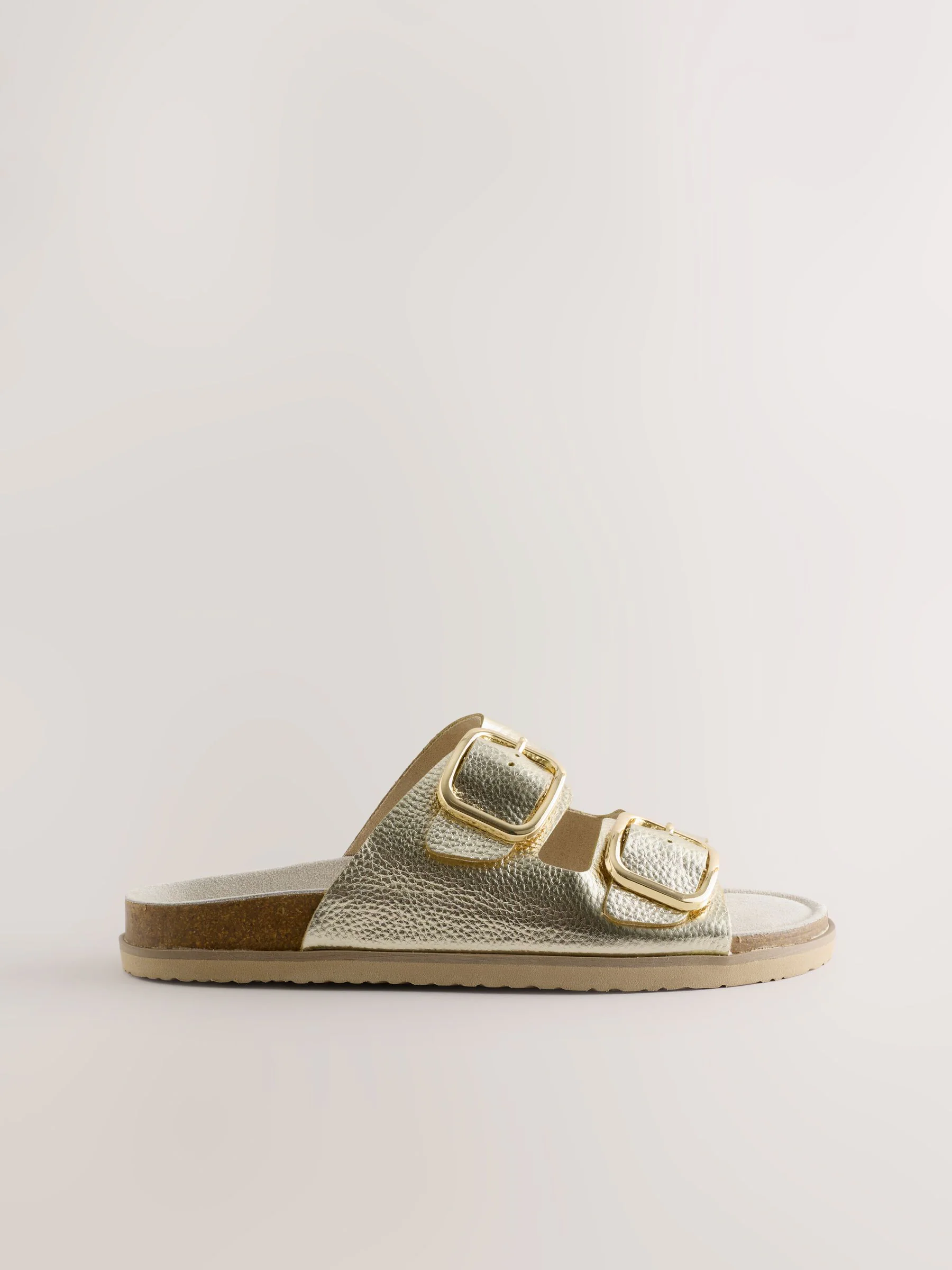 Gold Leather Extra Wide Fit Double Strap Footbed Sandals