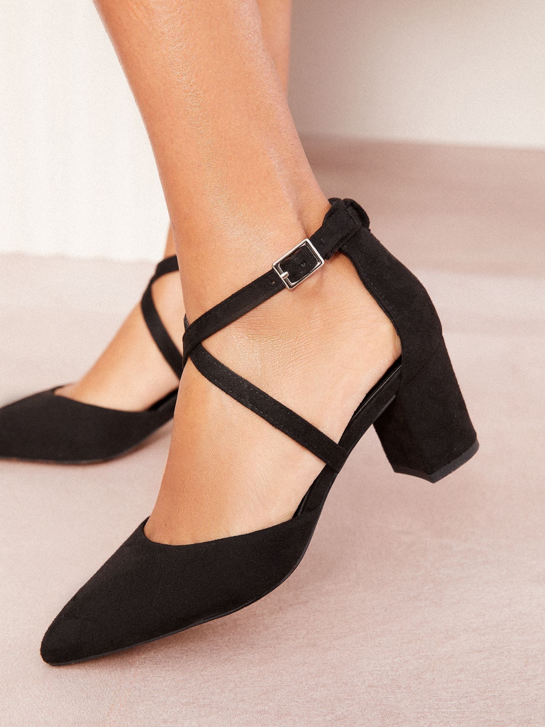 Friends Like These Black Standard Fit Block Heel Cross Strap Court Shoes