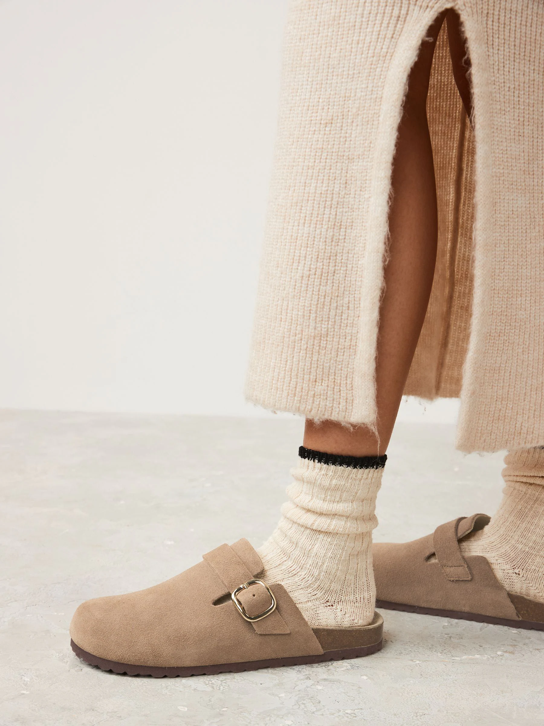 Neutral Suede Standard Fit Leather Footbed Clogs