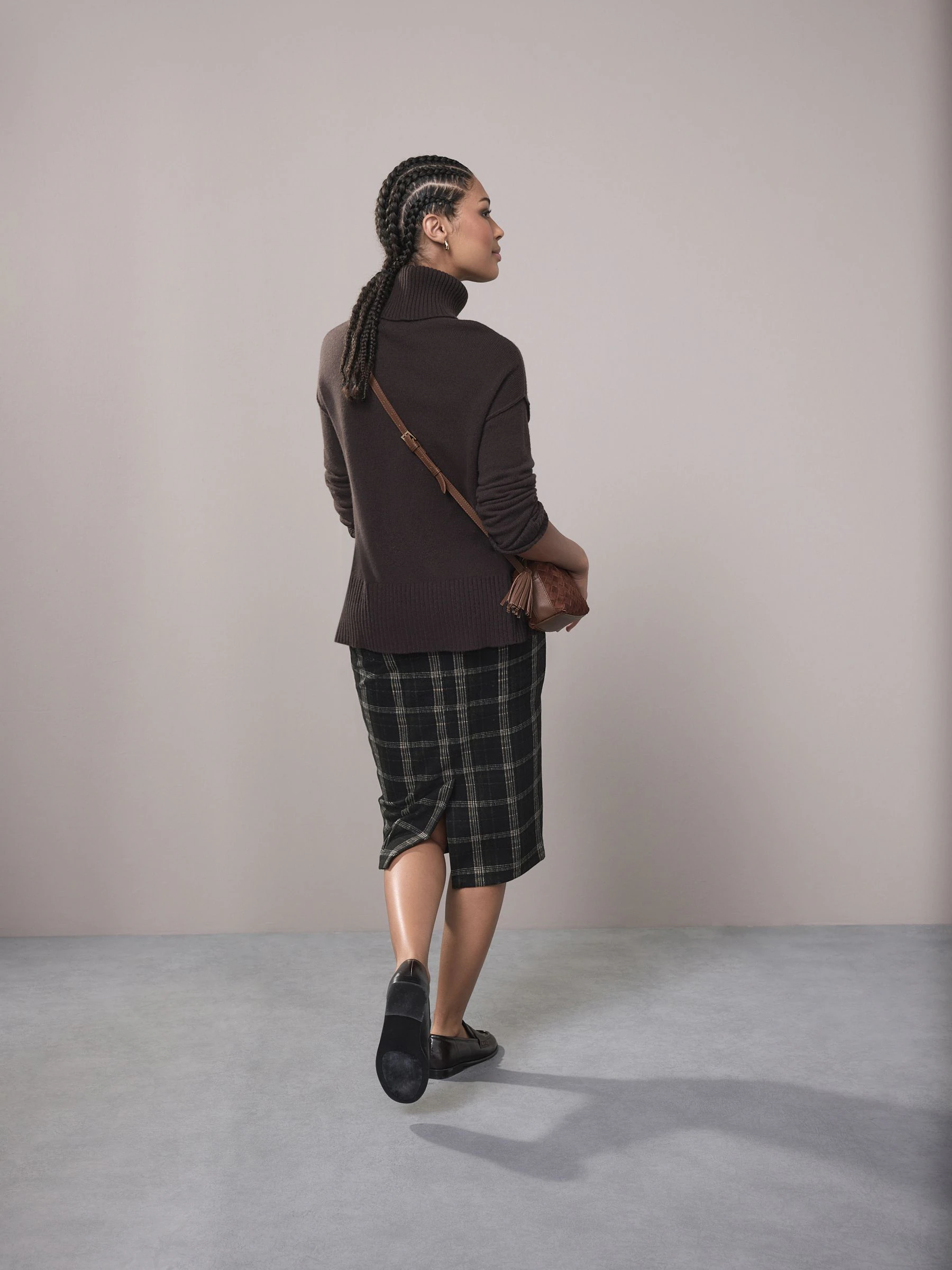 Green/Black Check Brushed Pencil Skirt