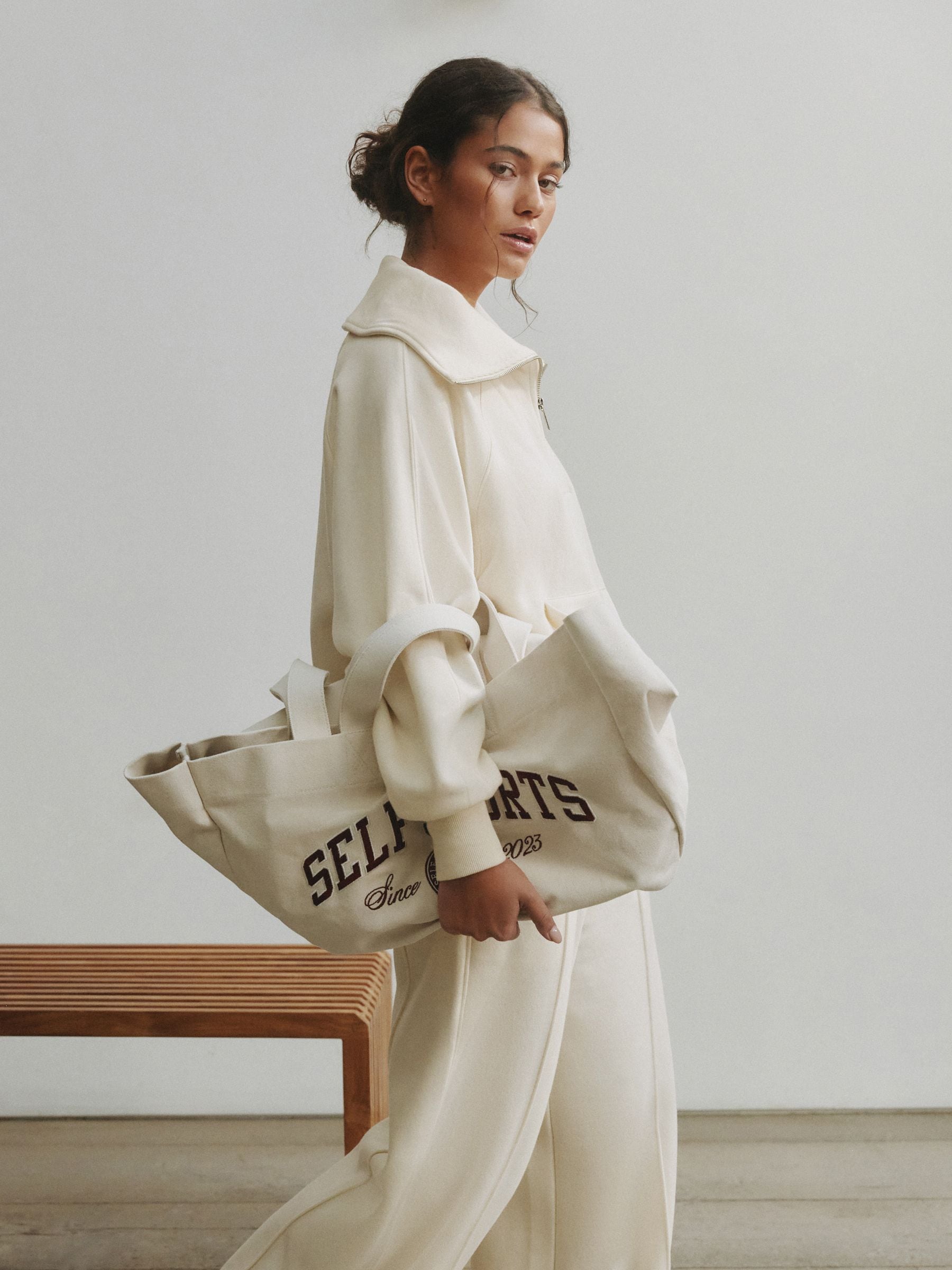 self. Cream Half Zip Collar Sweatshirt