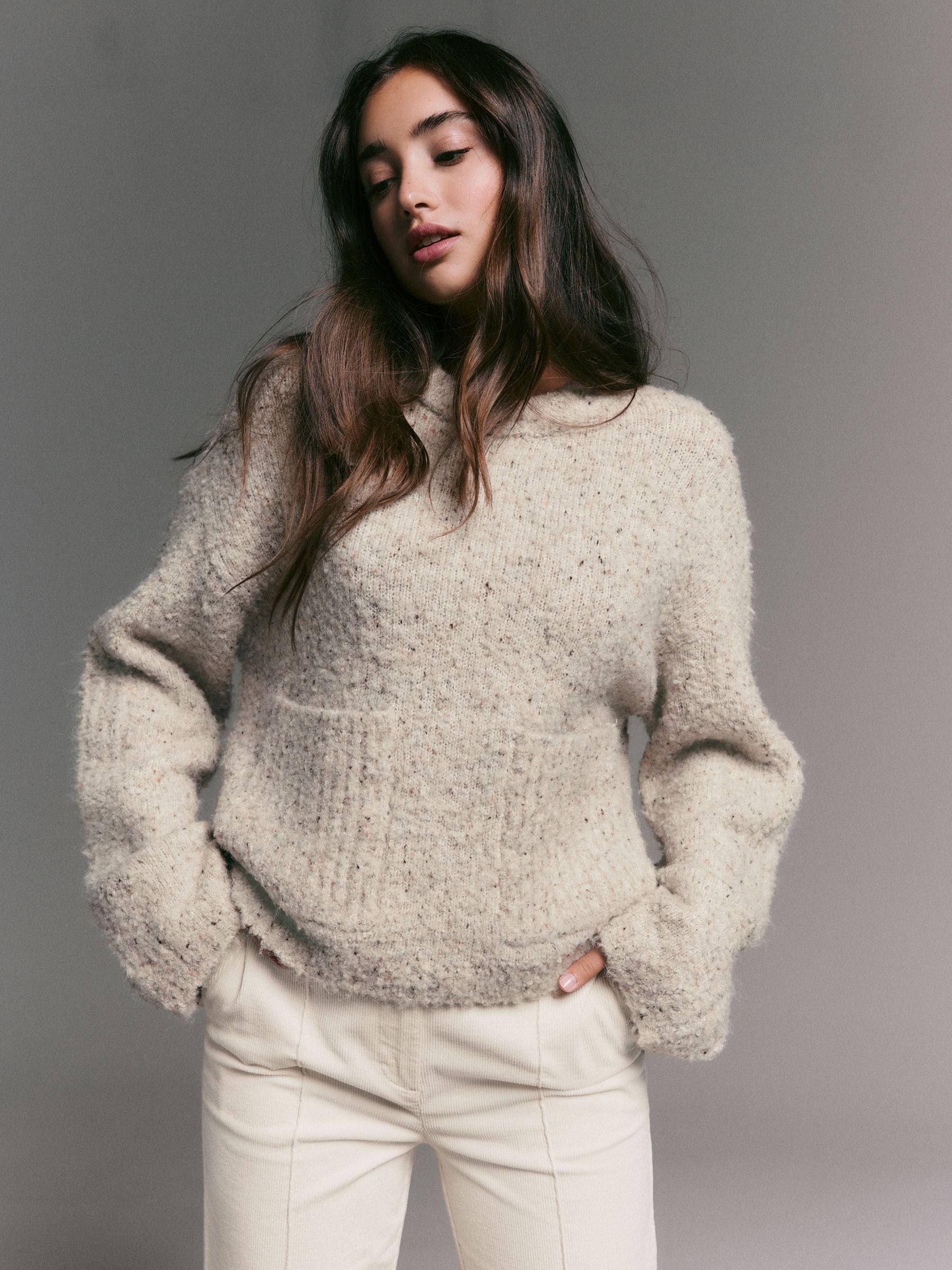 Ecru Neppy Boucle Crew Neck Jumper With Wool