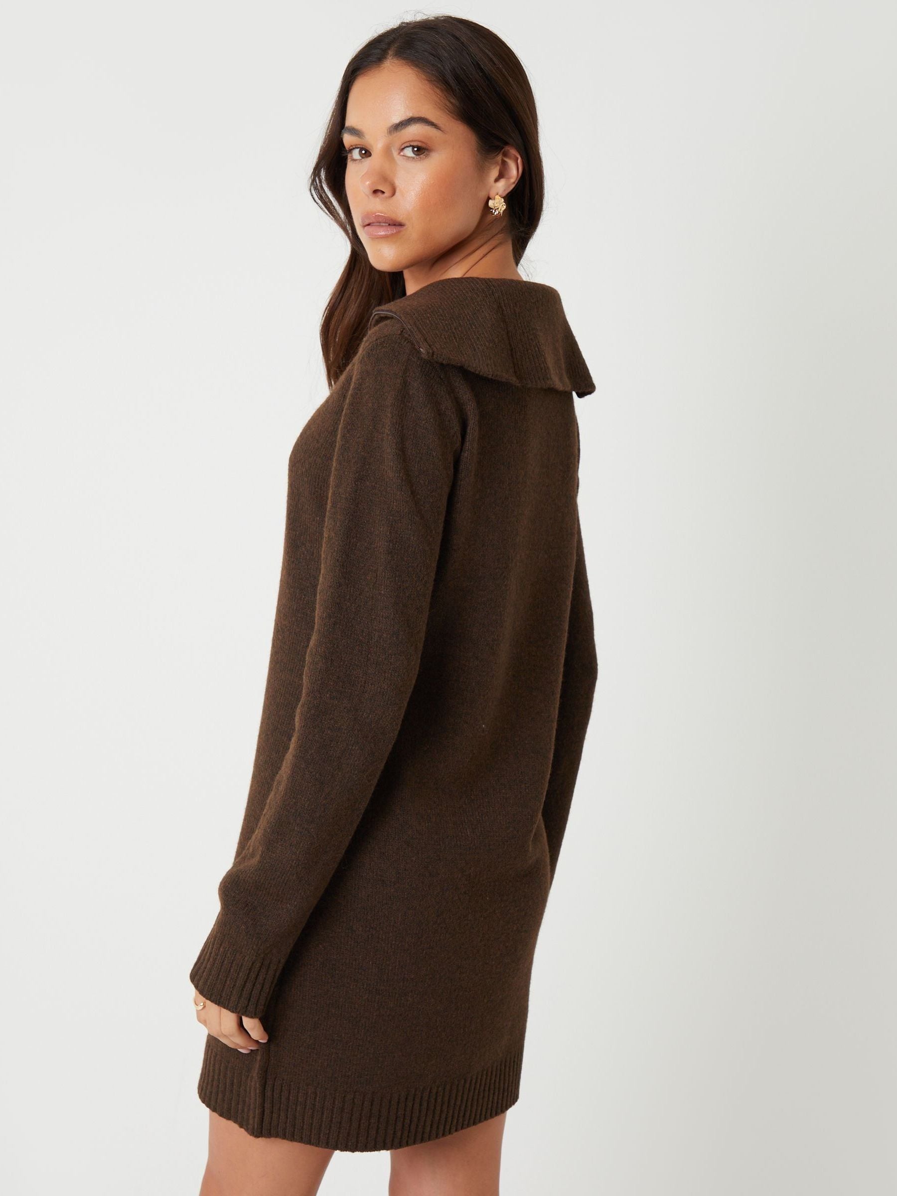 Threadbare Brown Quarter Zip Brushed Knit Mini Dress