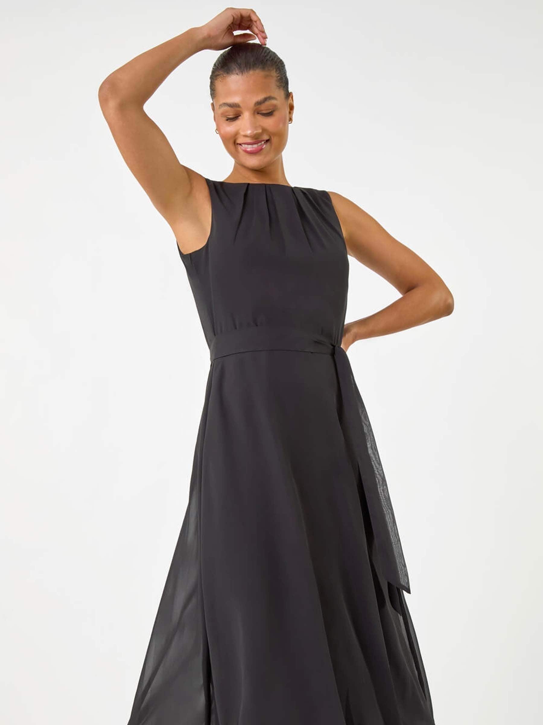 Roman Black Chiffon Pleat Neck Midi Dress