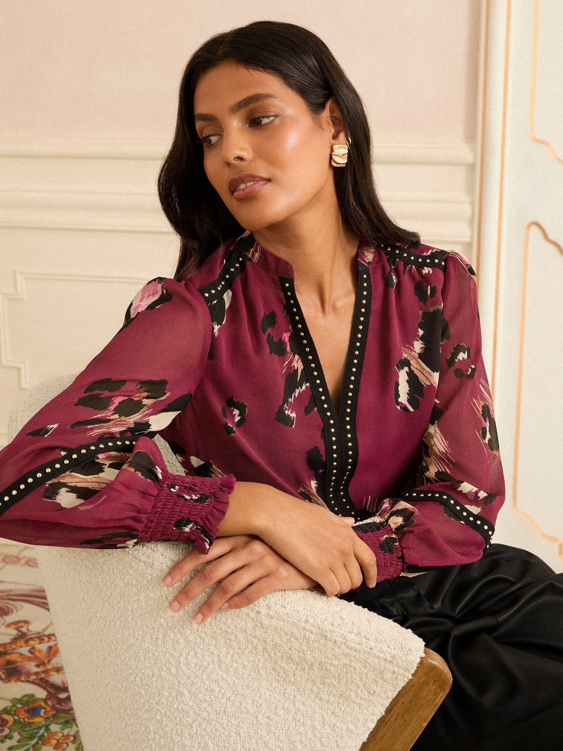 Love & Roses Burgundy Animal Print Notch Neck Hardware Blouse