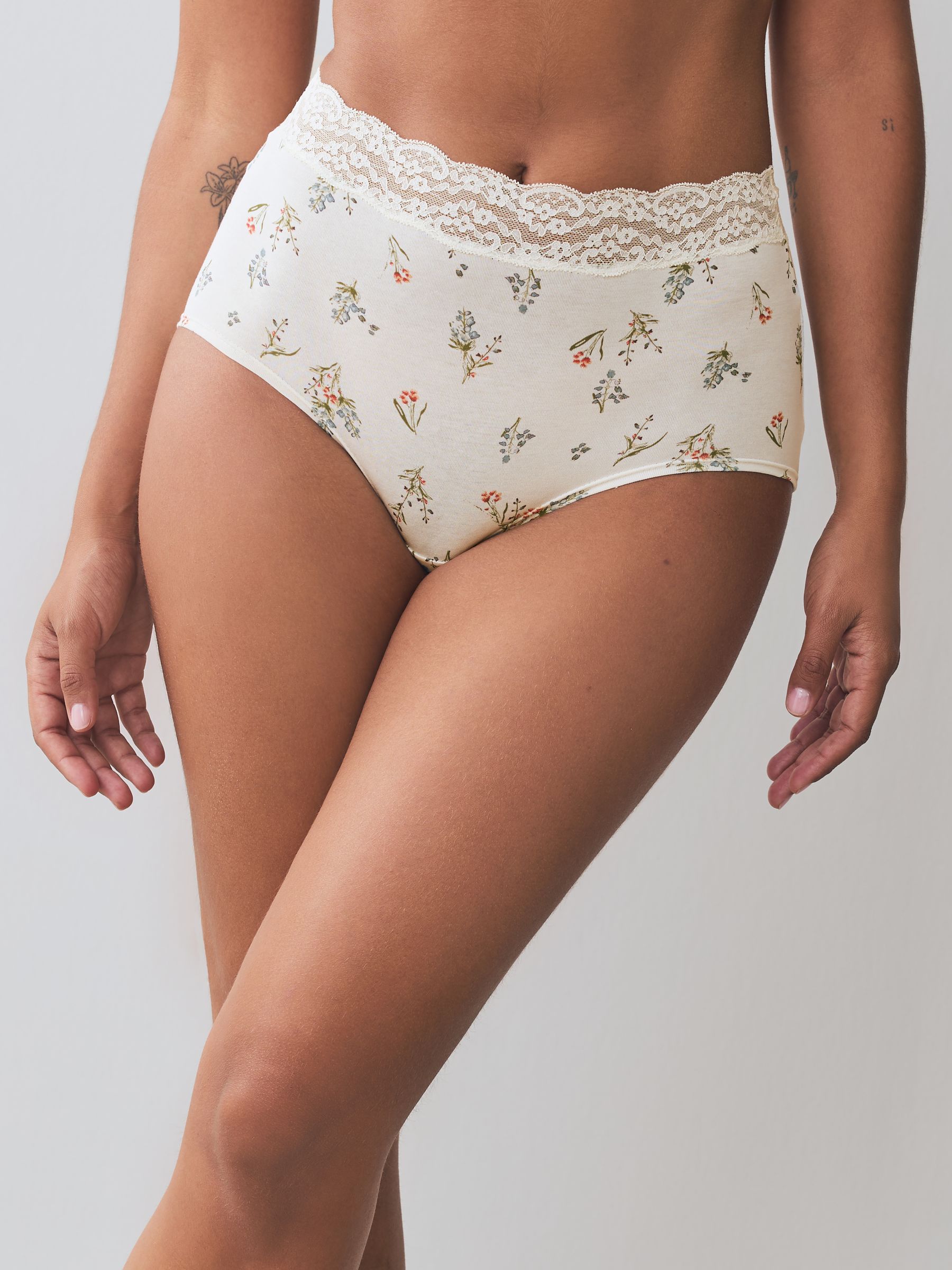 Green Ditsy Floral Full Brief Cotton Lace Knickers 4 Pack