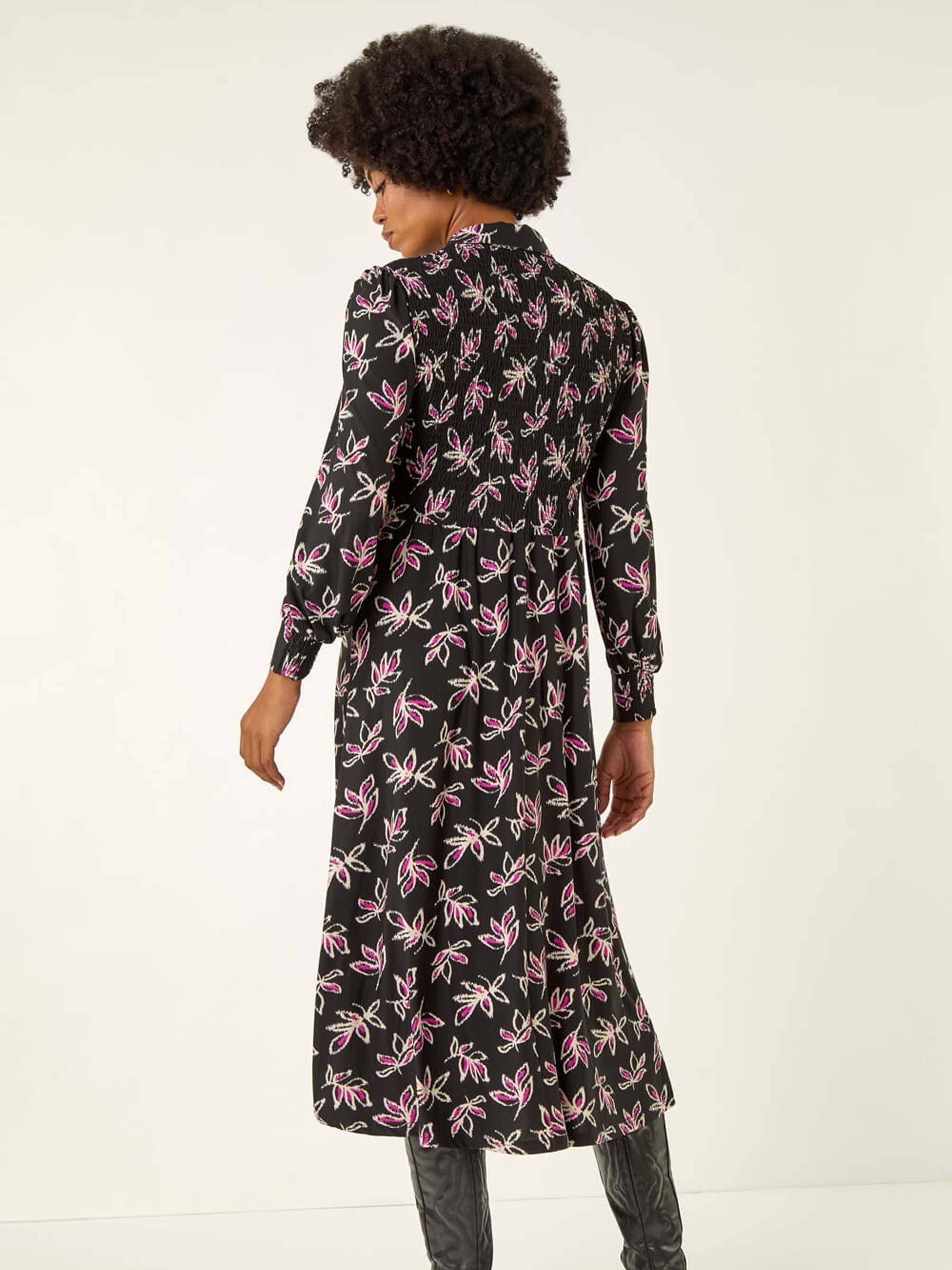 Roman Black Leaf Print Midi Shirt Dress