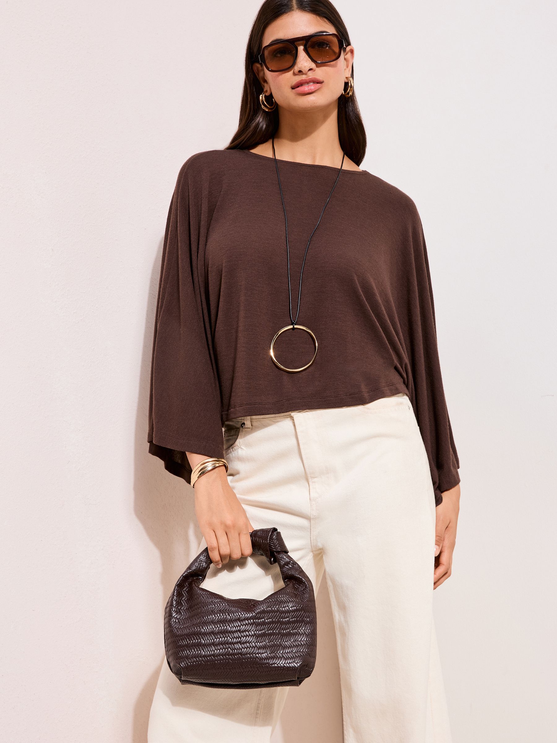 Friends Like These Chocolate Brown Brown Weave Knot Handle Clutch Bag