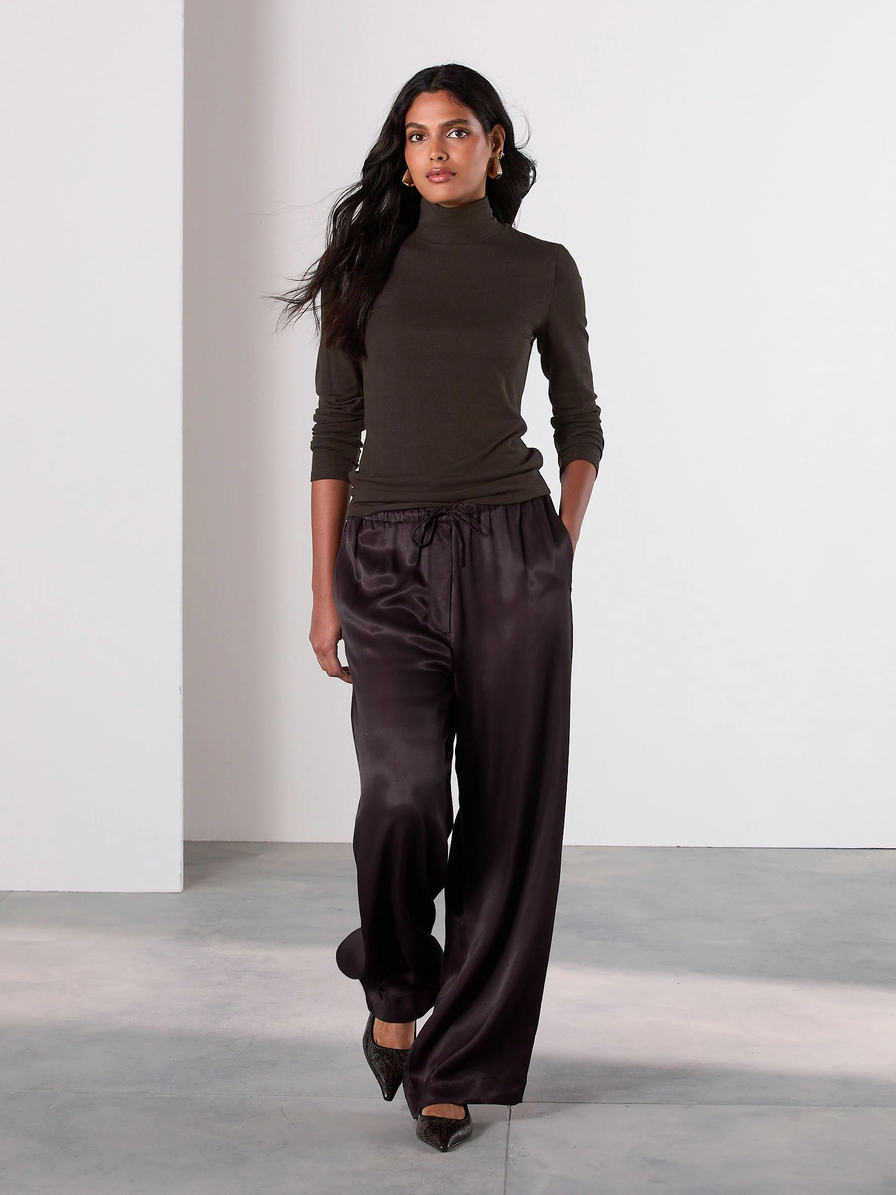 Chocolate Brown Satin Tie Waist Wide Leg Trousers