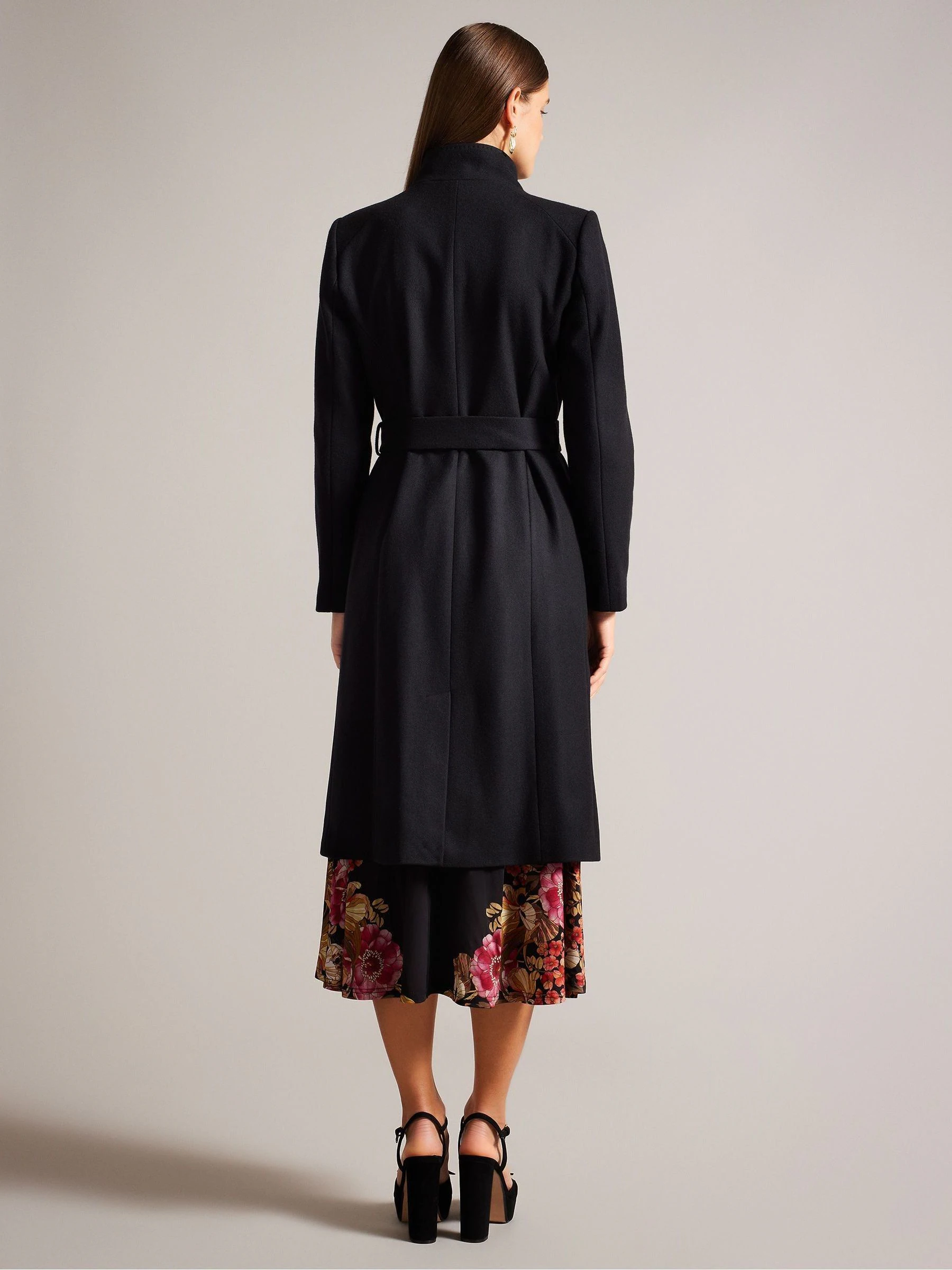 Ted Baker Black Rose Midi Length Belted Wool Wrap Coat