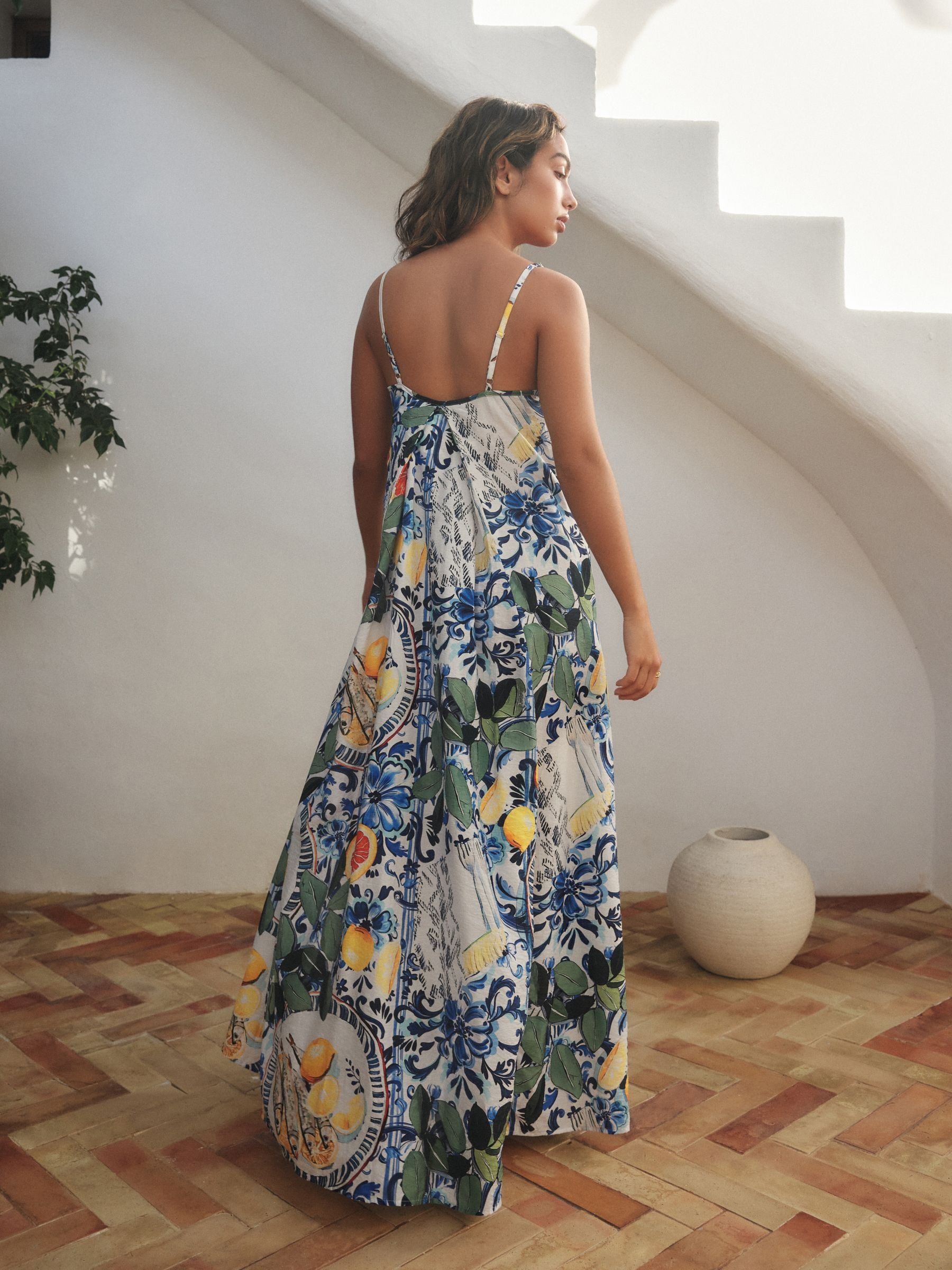 Navy Blue/White Sardine Print Fruit Print Volume Maxi Dress