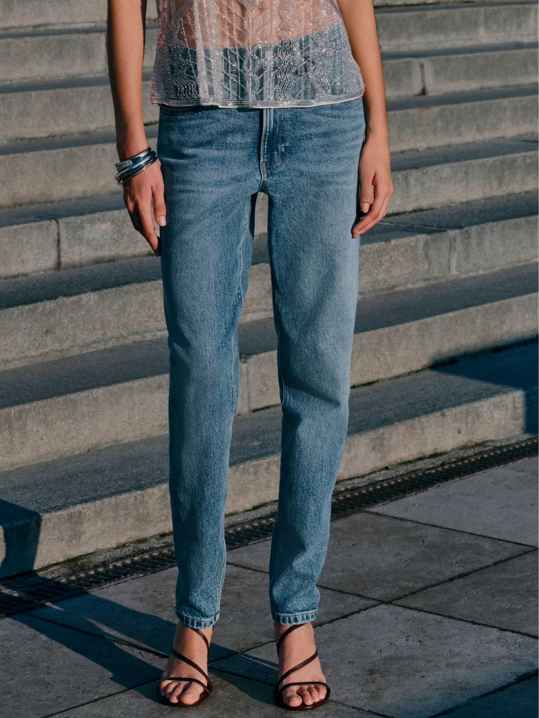 Mid Blue Denim Mom Comfort Stretch Column Jeans