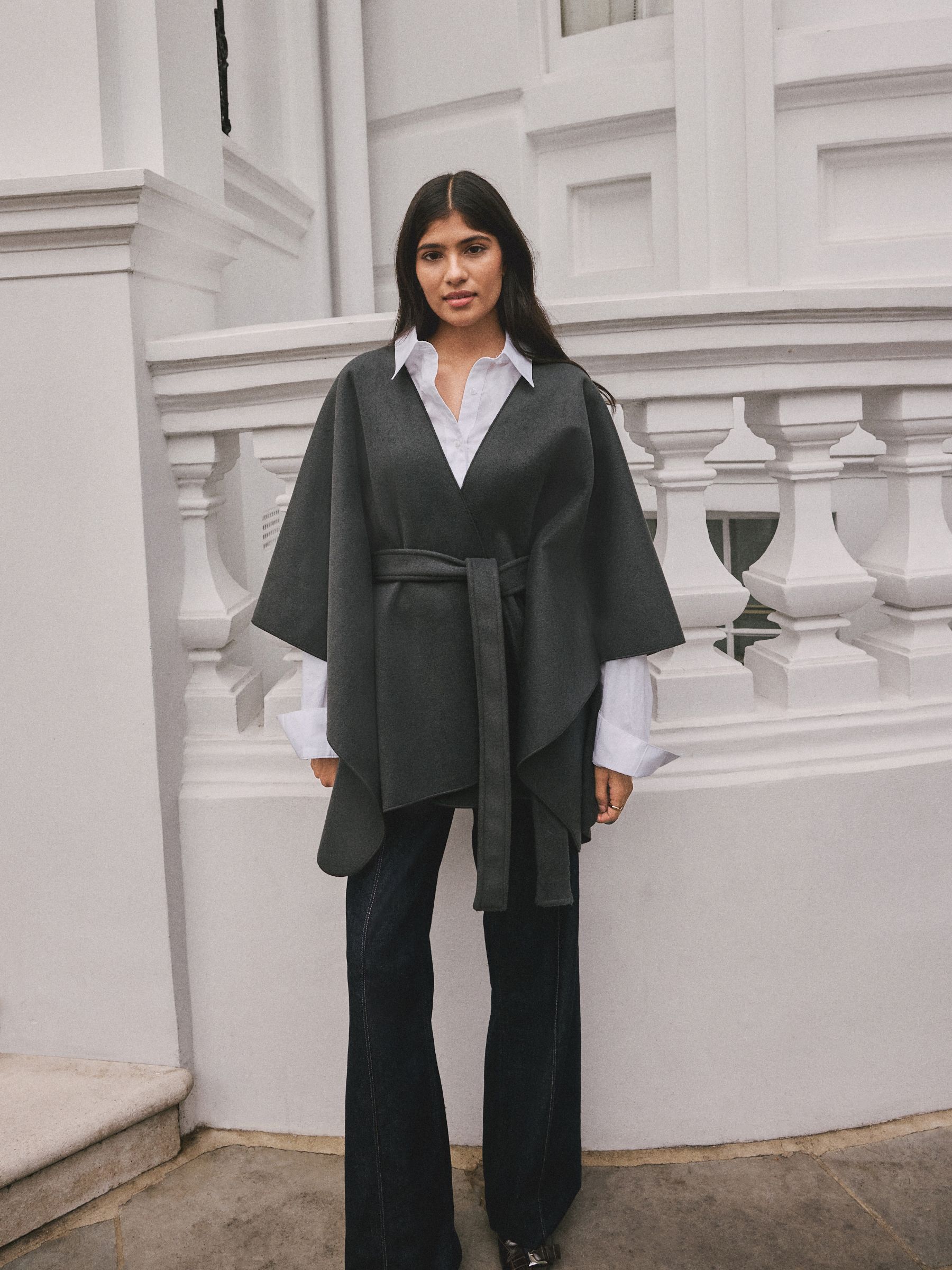 Grey Wrap Front Cape Poncho