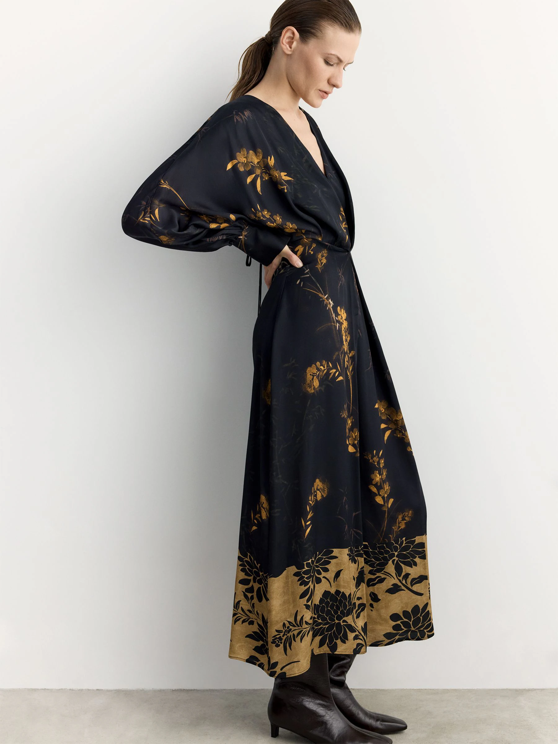 BHOEM Satin Floral Print Kimono Midi Black Dress