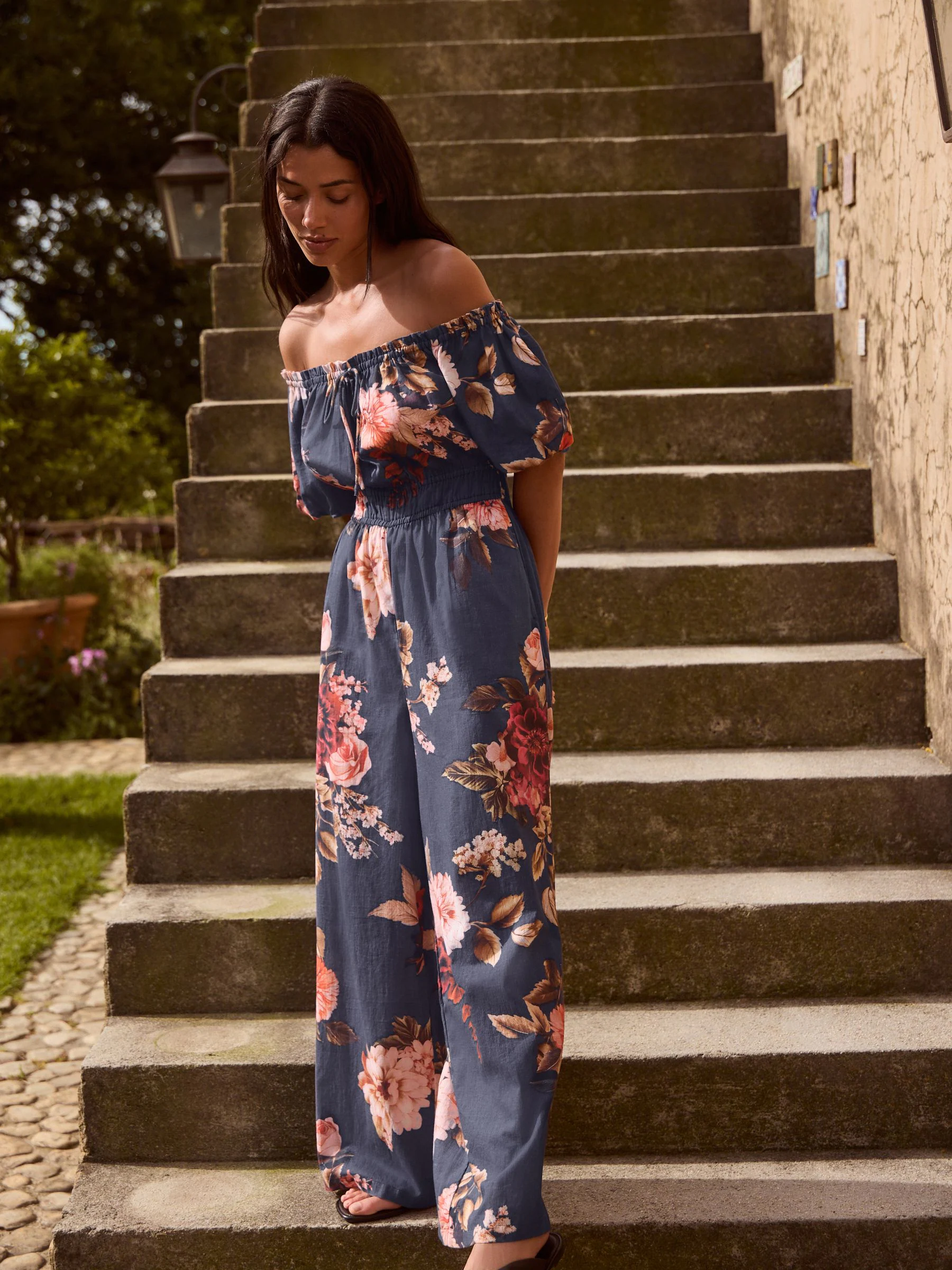 Navy Floral Off the Shoulder Jumpsuit