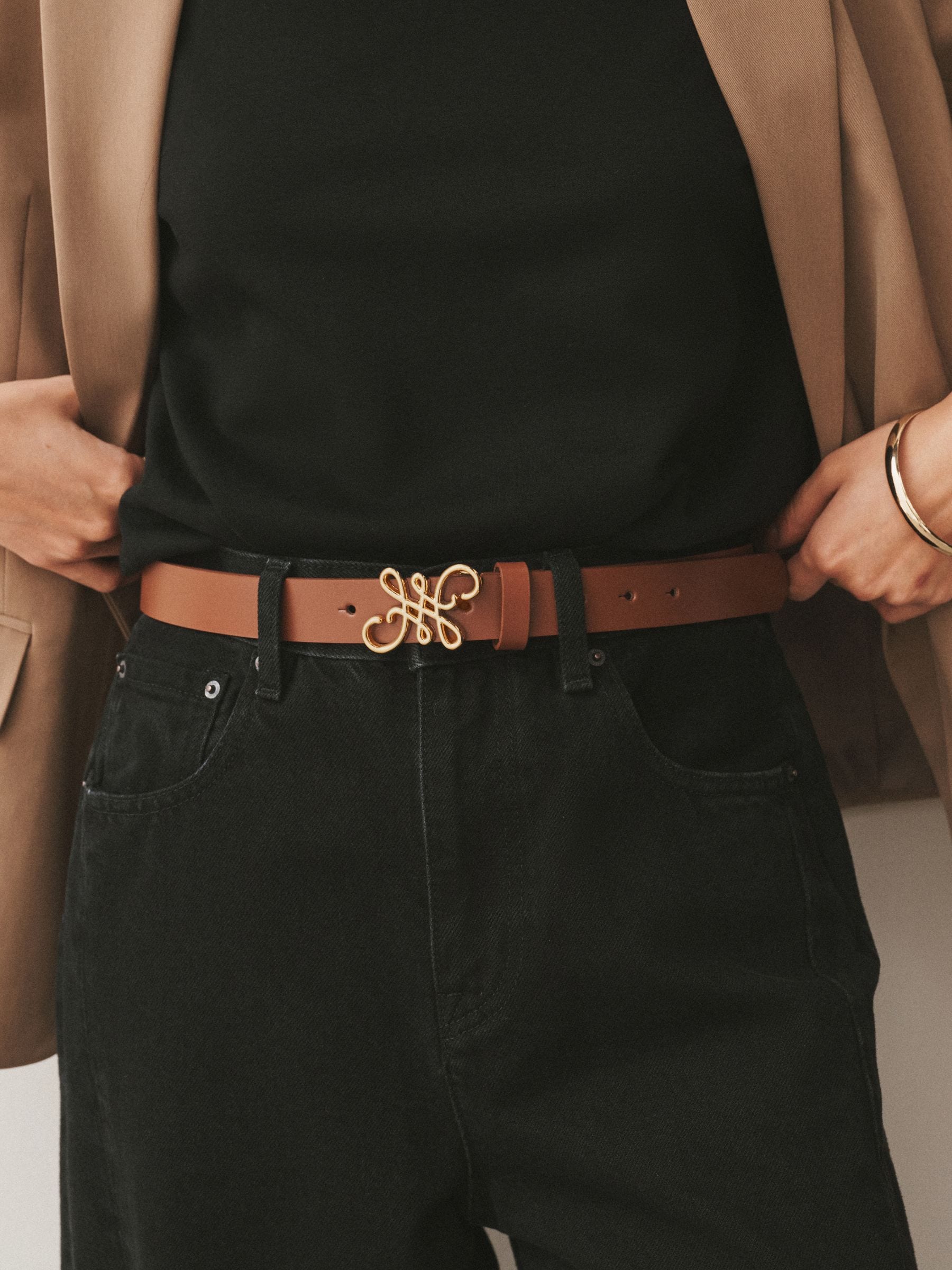Tan Brown Regular Statement Buckle Leather Belt