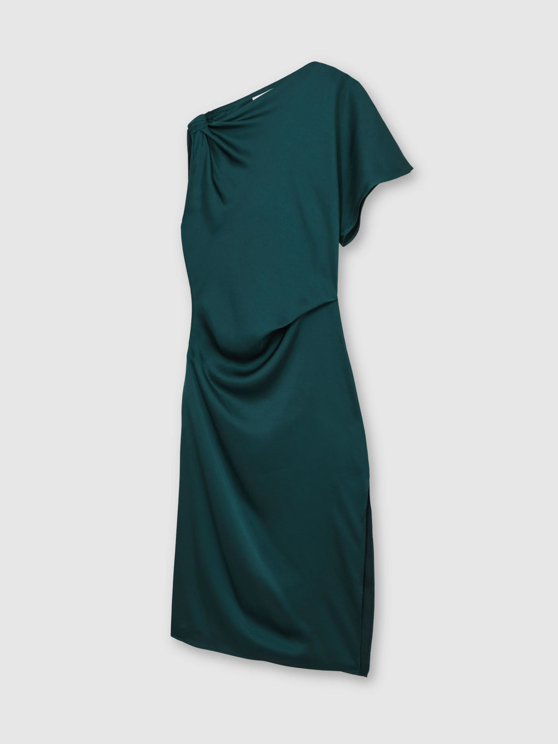 Reiss Teal Green Kenzie Satin Asymmetric Draped Midi Dress