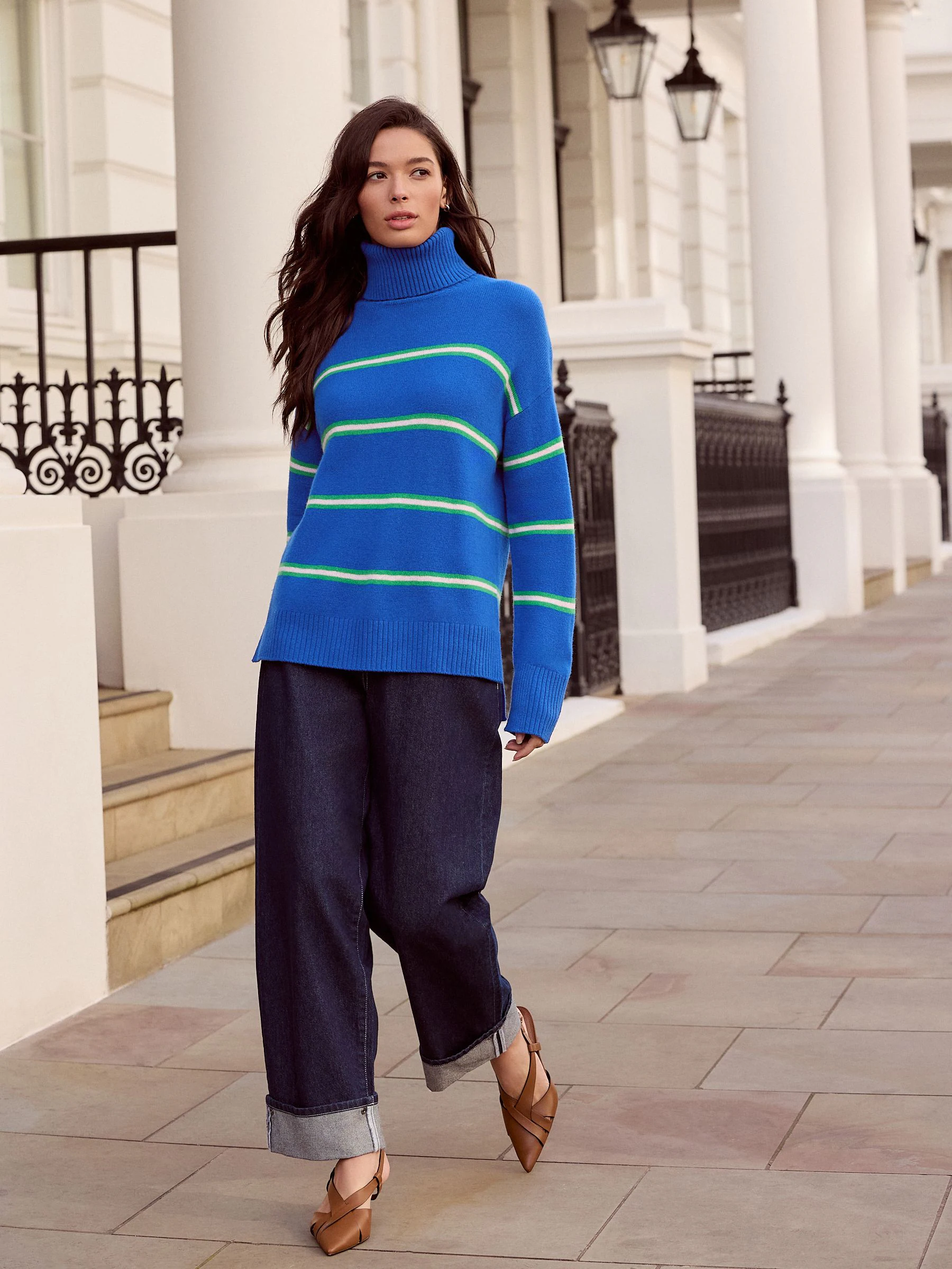 Blue/Green Stripe 100% Merino Wool N. Premium Roll Neck Jumper