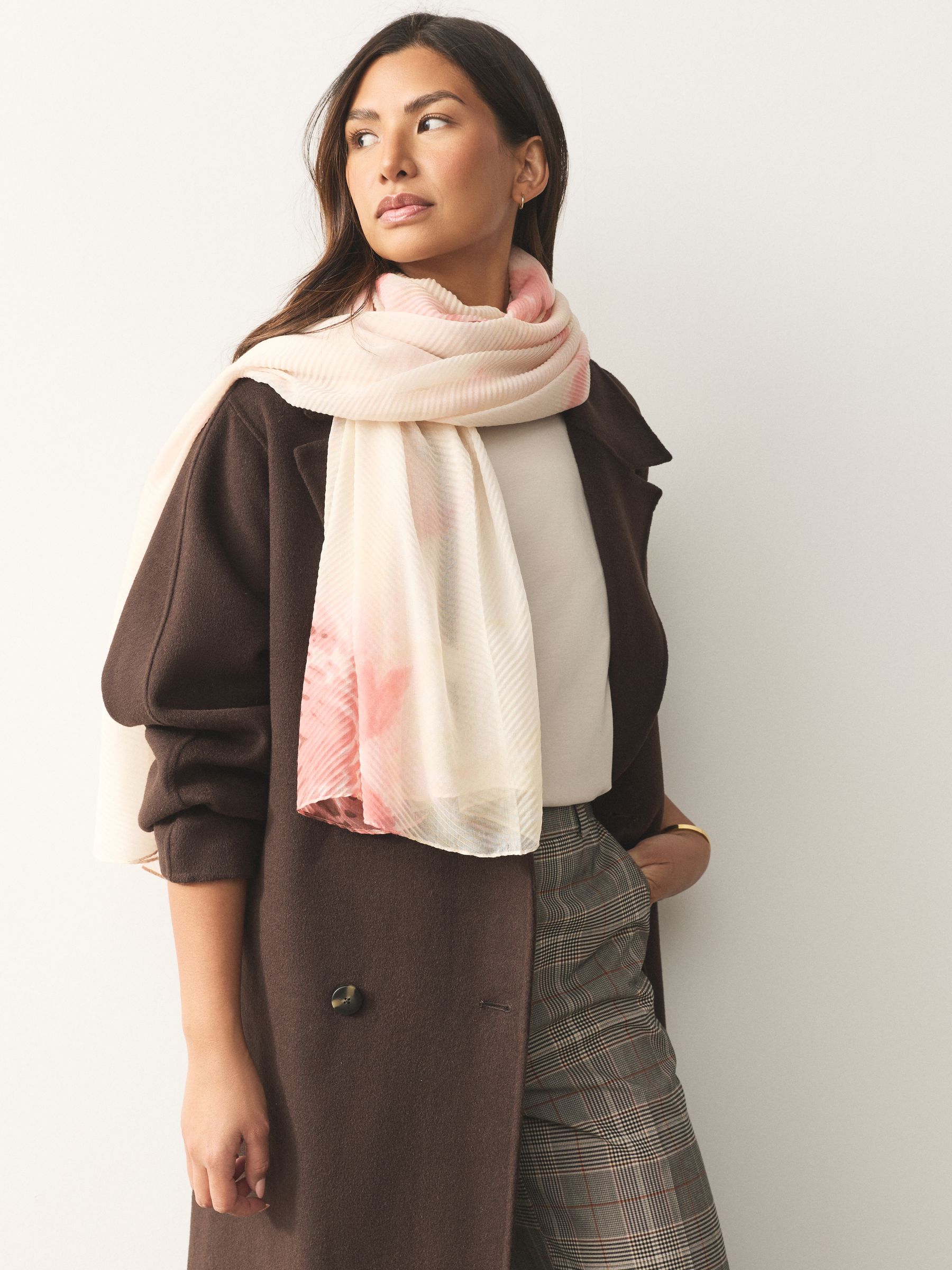 Pink Floral Print Plisse Lightweight Scarf