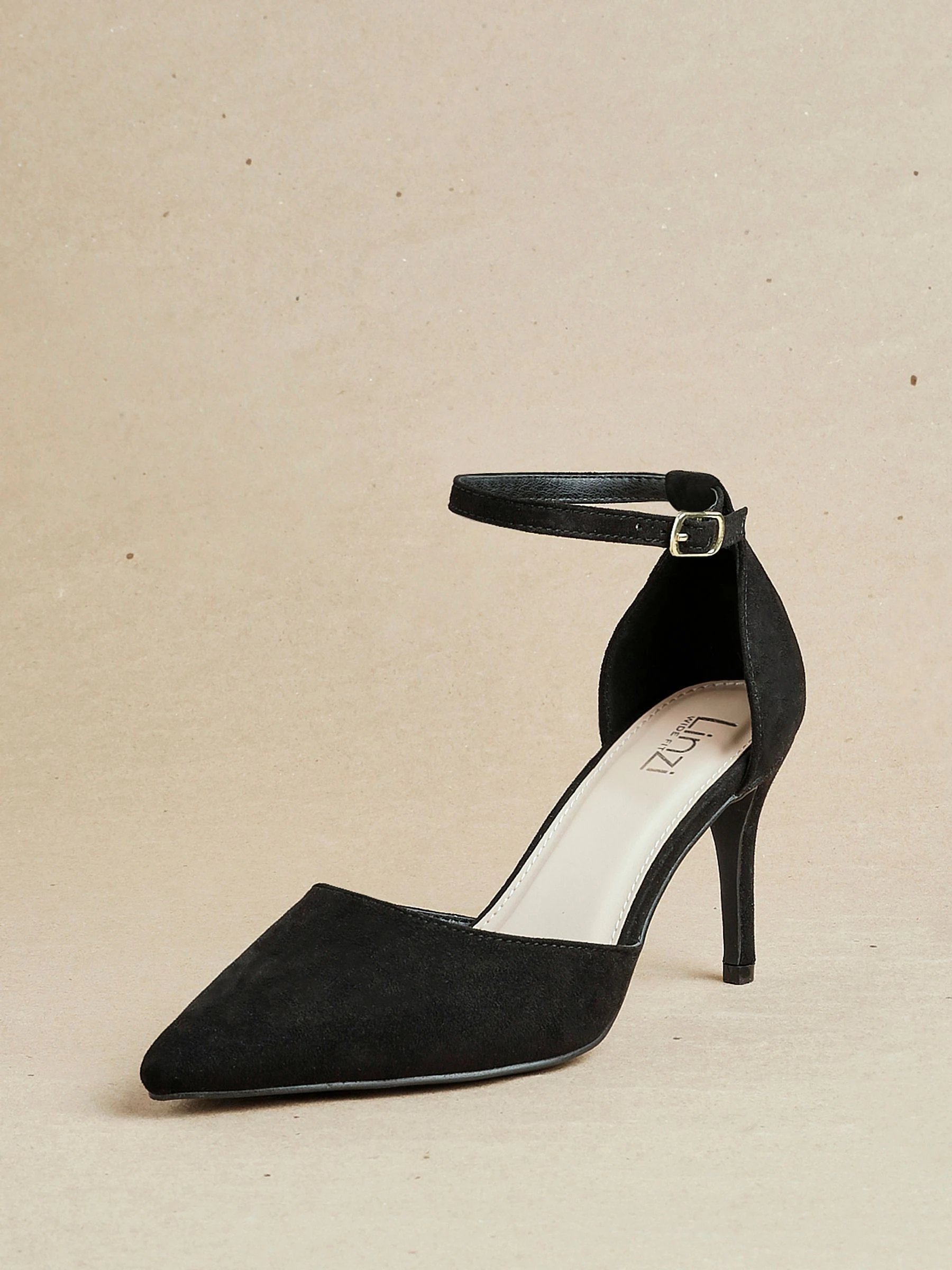 Linzi Black Wide Fit Lavora Wide Fit Stiletto Court Shoes With Ankle Strap