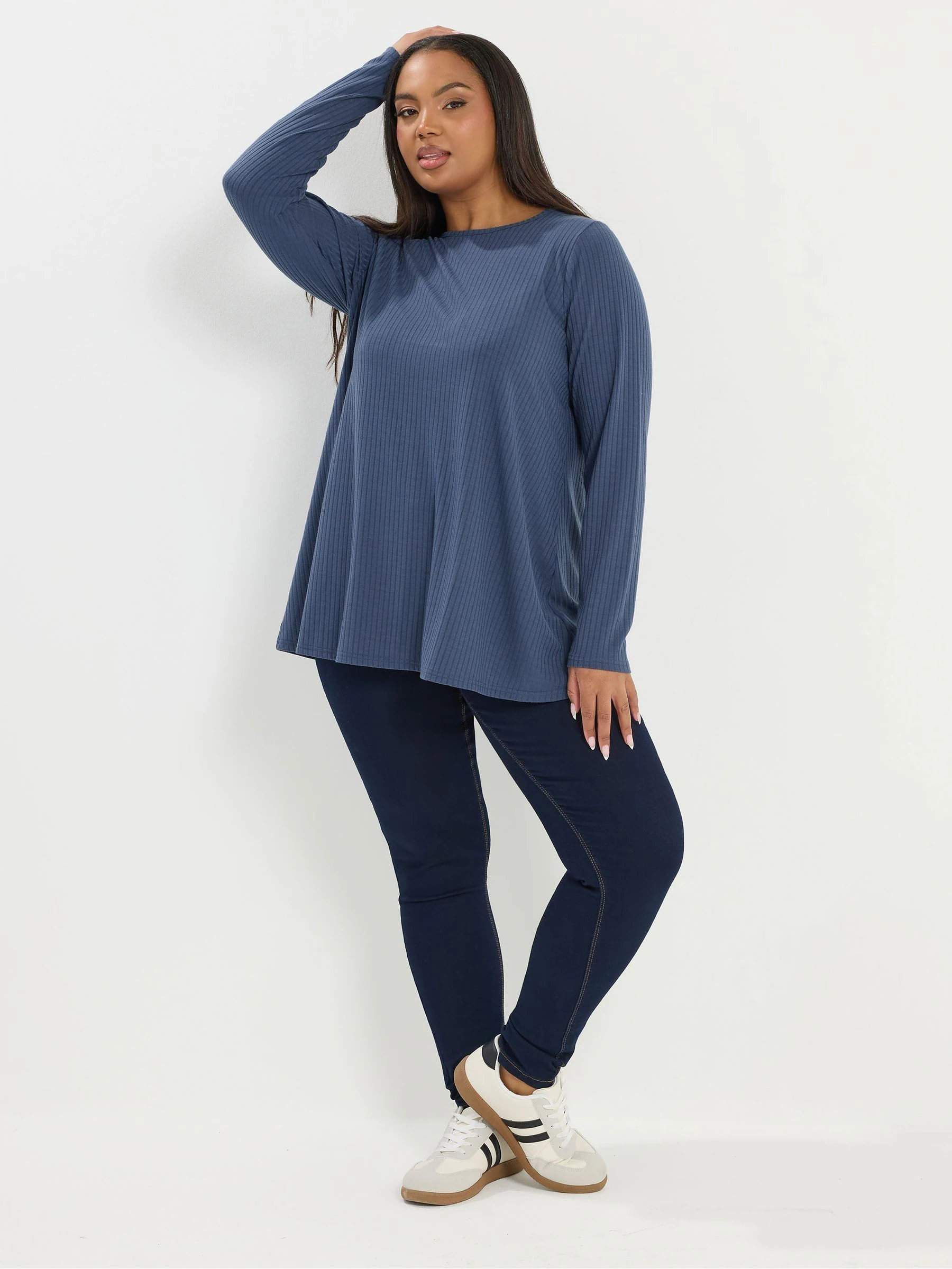 Yours Curve Blue Long Sleeve Ribbed Swing Top