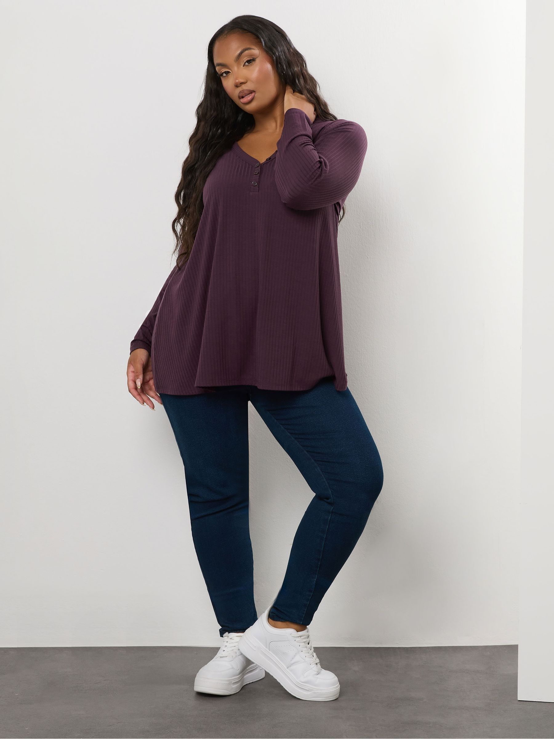 Yours Curve Purple Henley Ribbed Swing Blouse