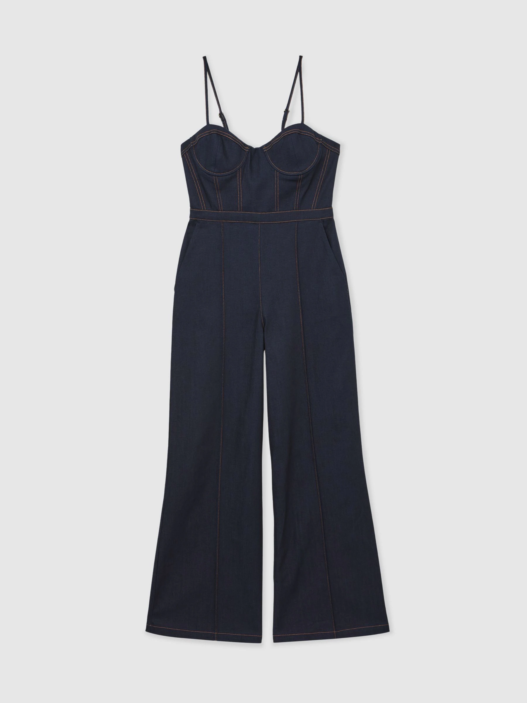 Reiss Indigo Blue Macey Wide-Leg Bustier Denim Jumpsuit