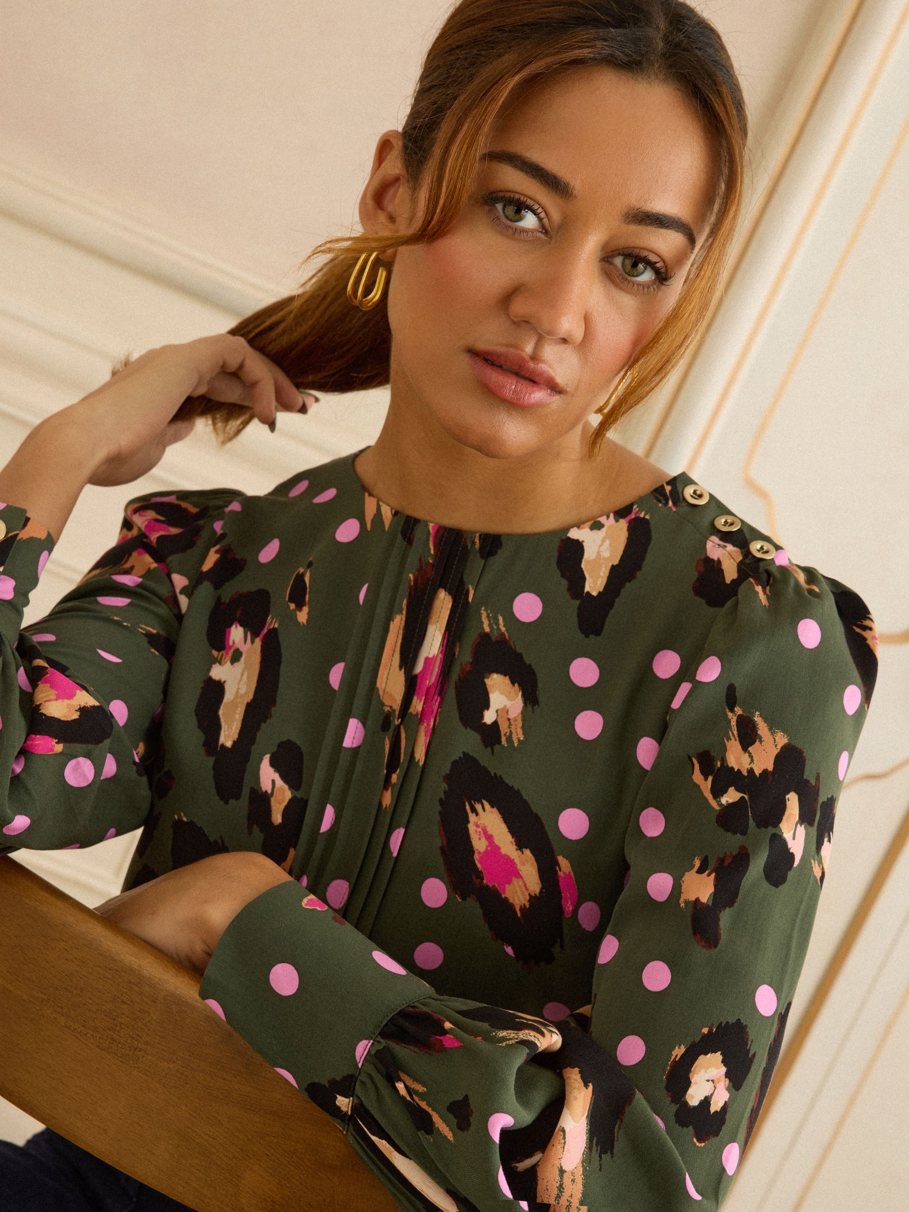 Love & Roses Khaki Green Animal Button Detail Pleated Crew Neck Blouse