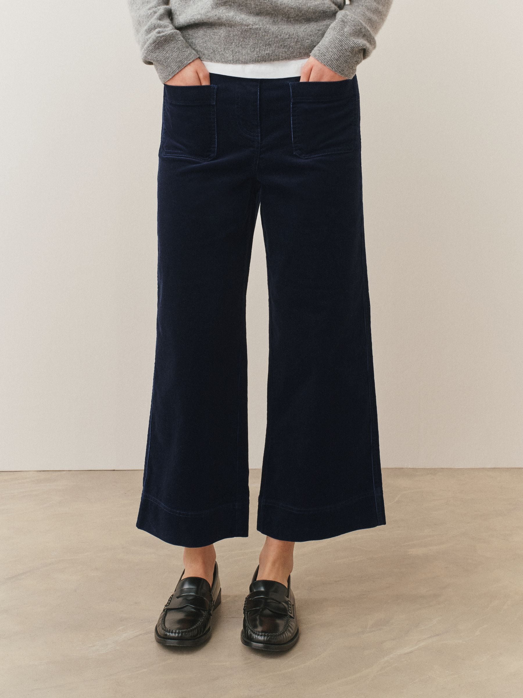 Navy Cord Wide Leg Cropped Trousers