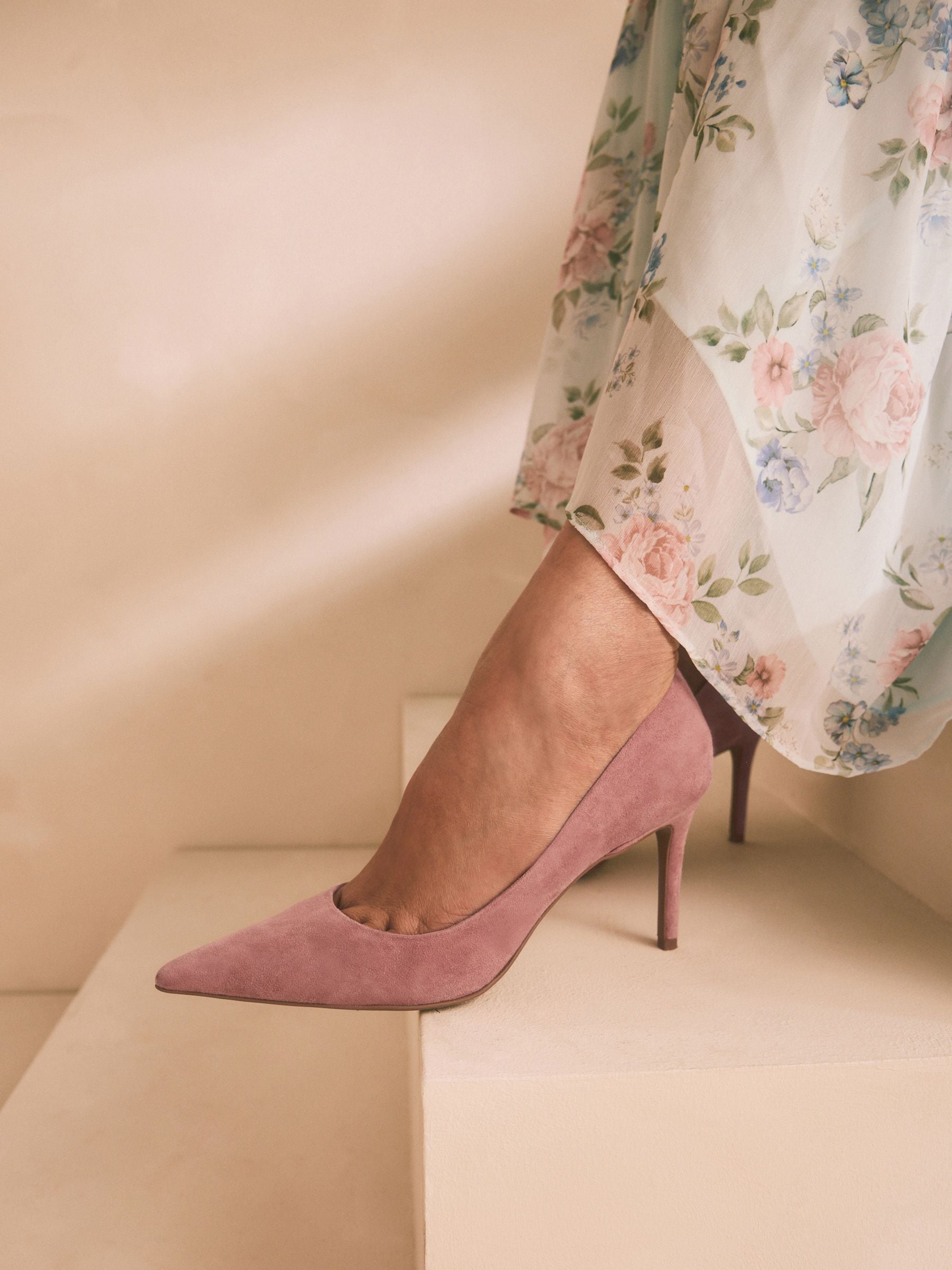 Rose Pink Suede Standard/Wide Fit Leather Mid Court Shoes