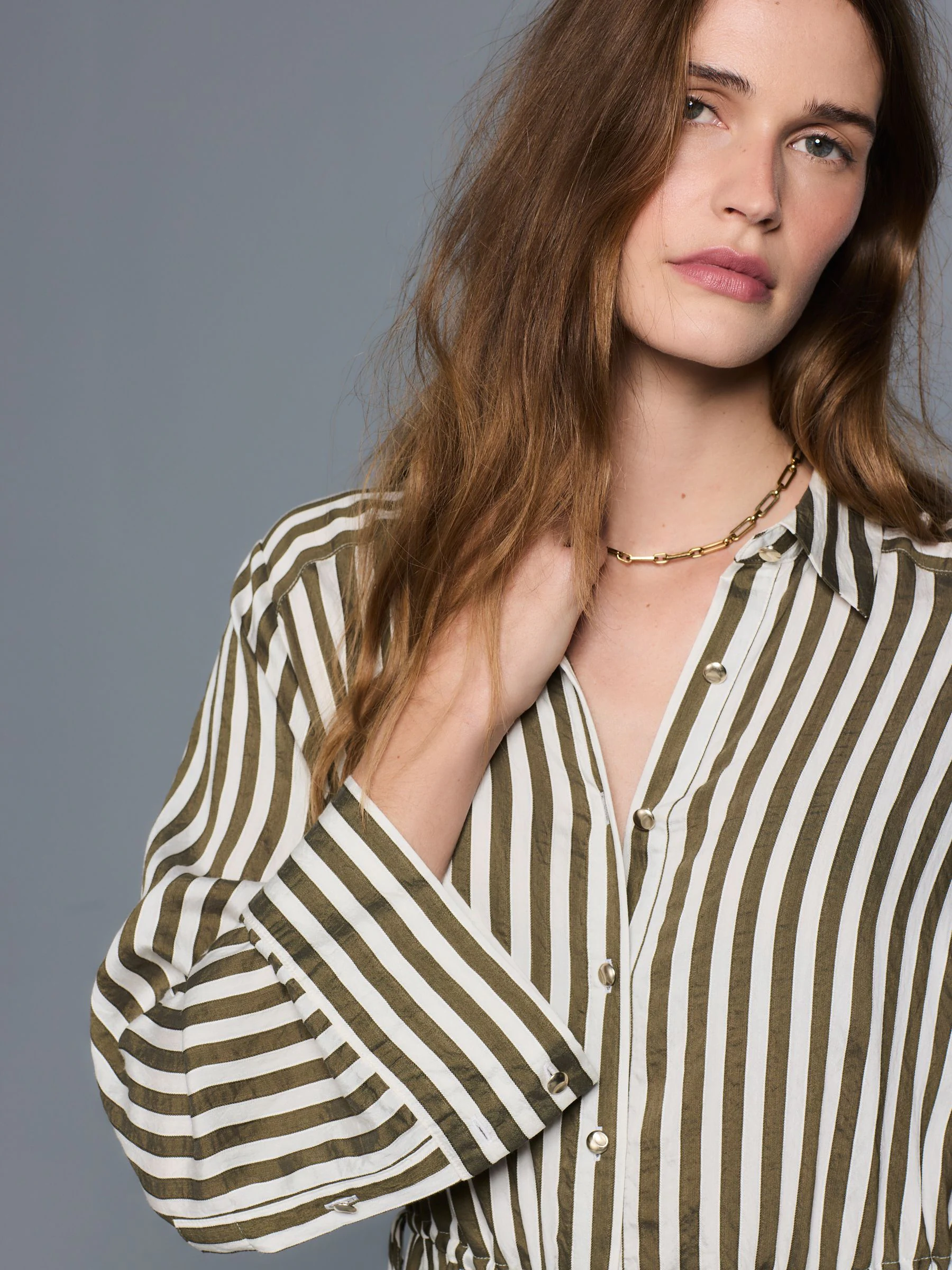 Green Stripe Tie Waist Long Sleeve Midi Shirt Dress