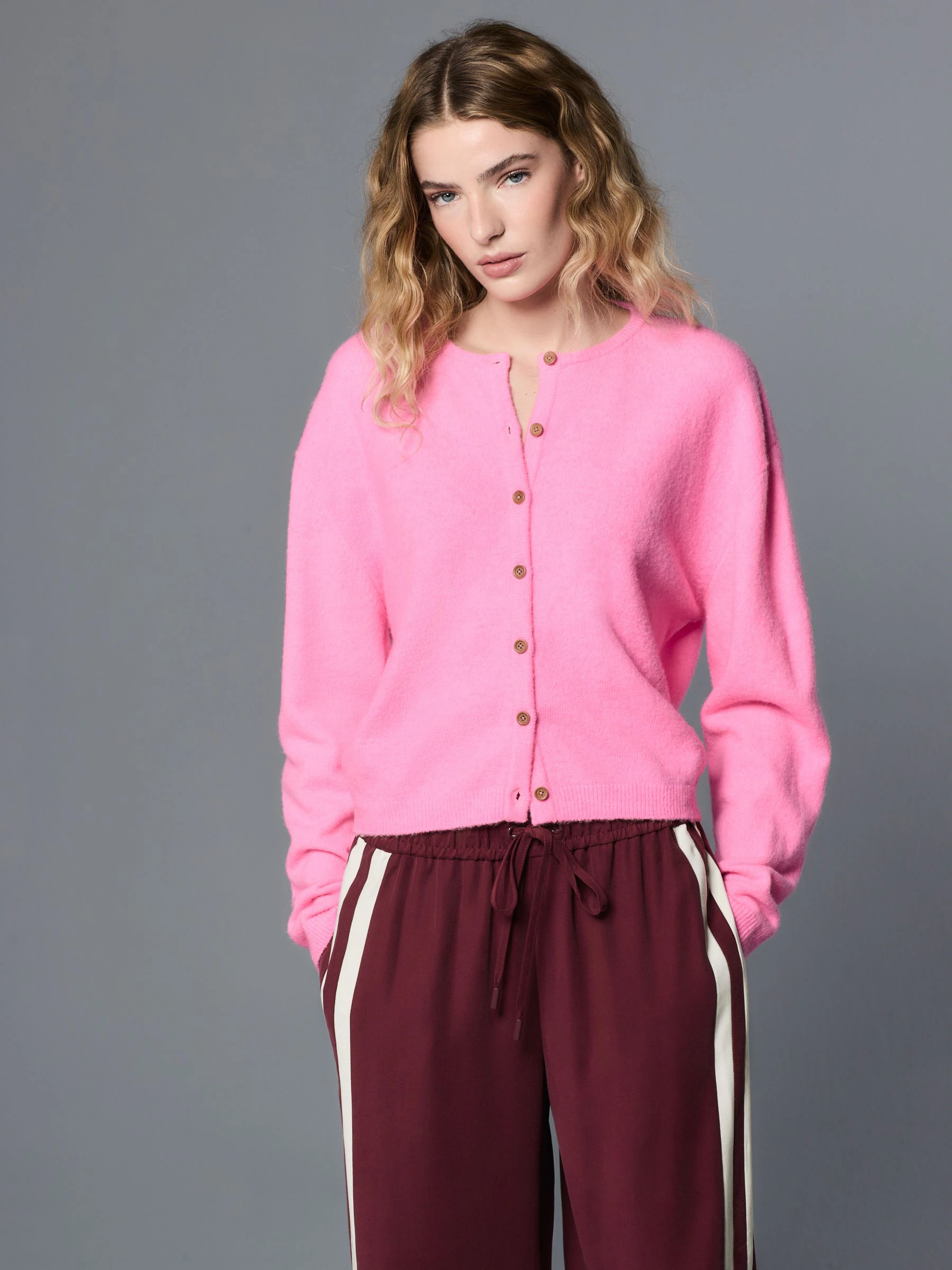 Fluro Pink Crew Neck Knitted Cardigan With Wool