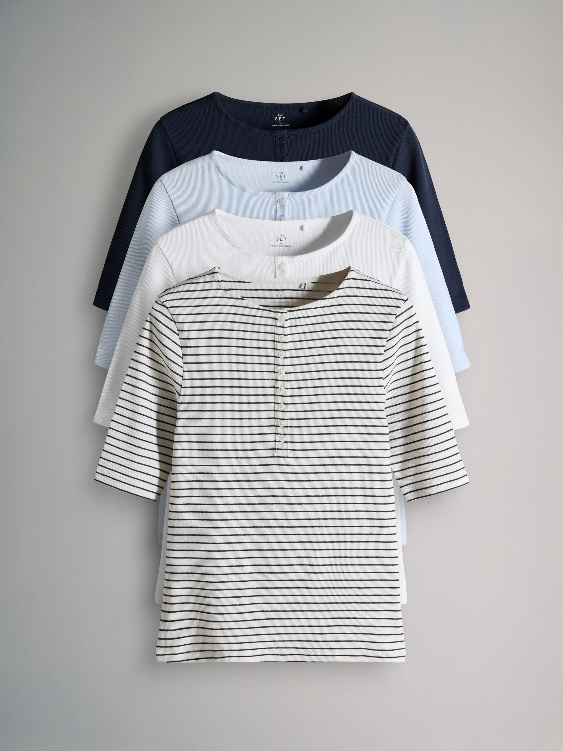 The Set 4 Pack Ribbed Half Sleeve Henley T Shirt Navy/Light Blue/White/Stripe