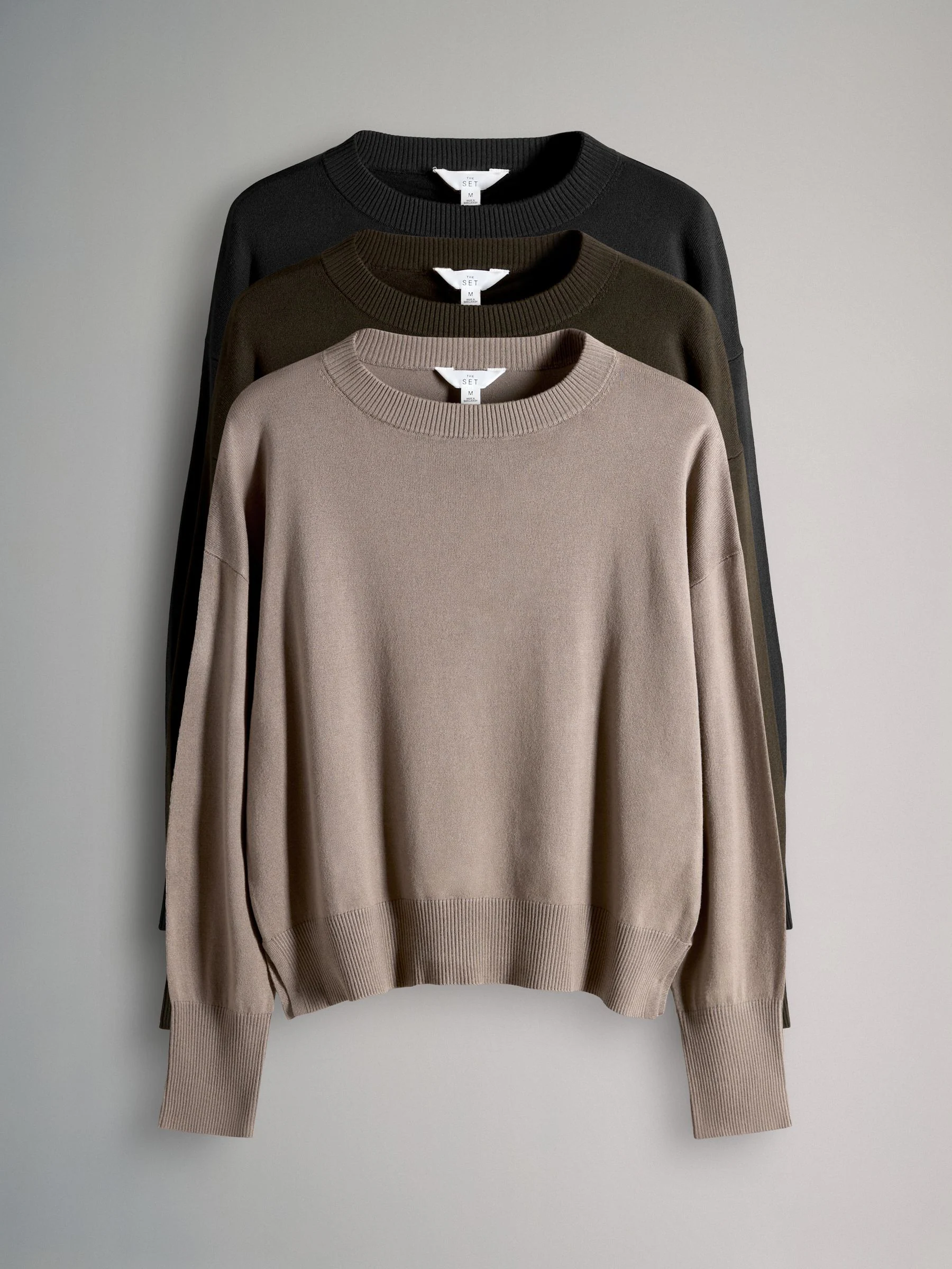 The Set Black/Brown/Neutral 3 Pack Fine Knit Crew Neck Jumpers